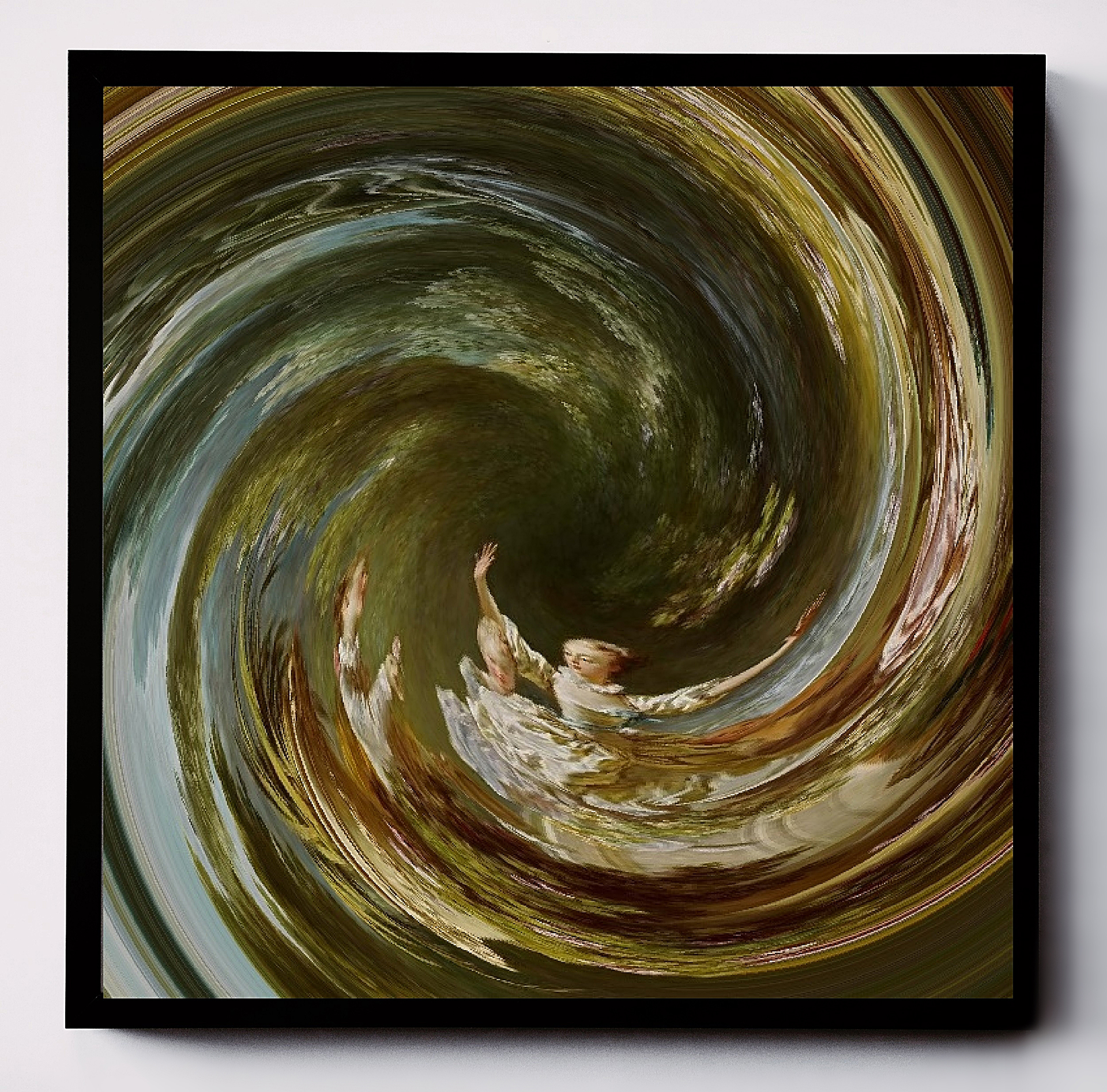 Kolorowa kompozycja graficzna przetwarzająca figuratywny obraz rokokowy, sugerująca wir oraz ruch spiralny.