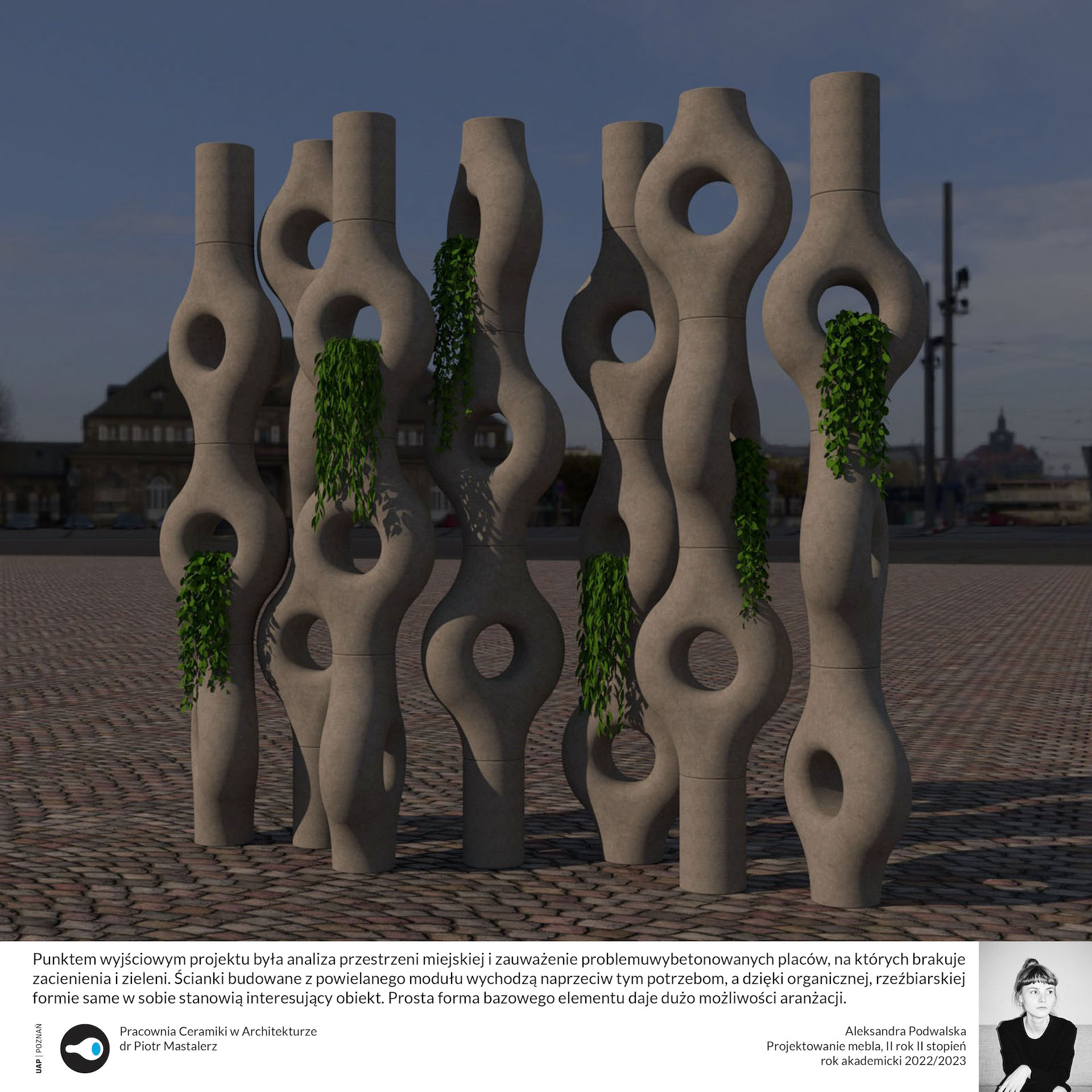 Opis alternatywny: Plansza ukazuje wizualizację projektu. Widać na niej plac miejski i obiekt składający się z modułów o organicznym kształcie ustawionych w siedem wysokich kolumn w dynamicznym układzie. Z modułów wyrastają rośliny.