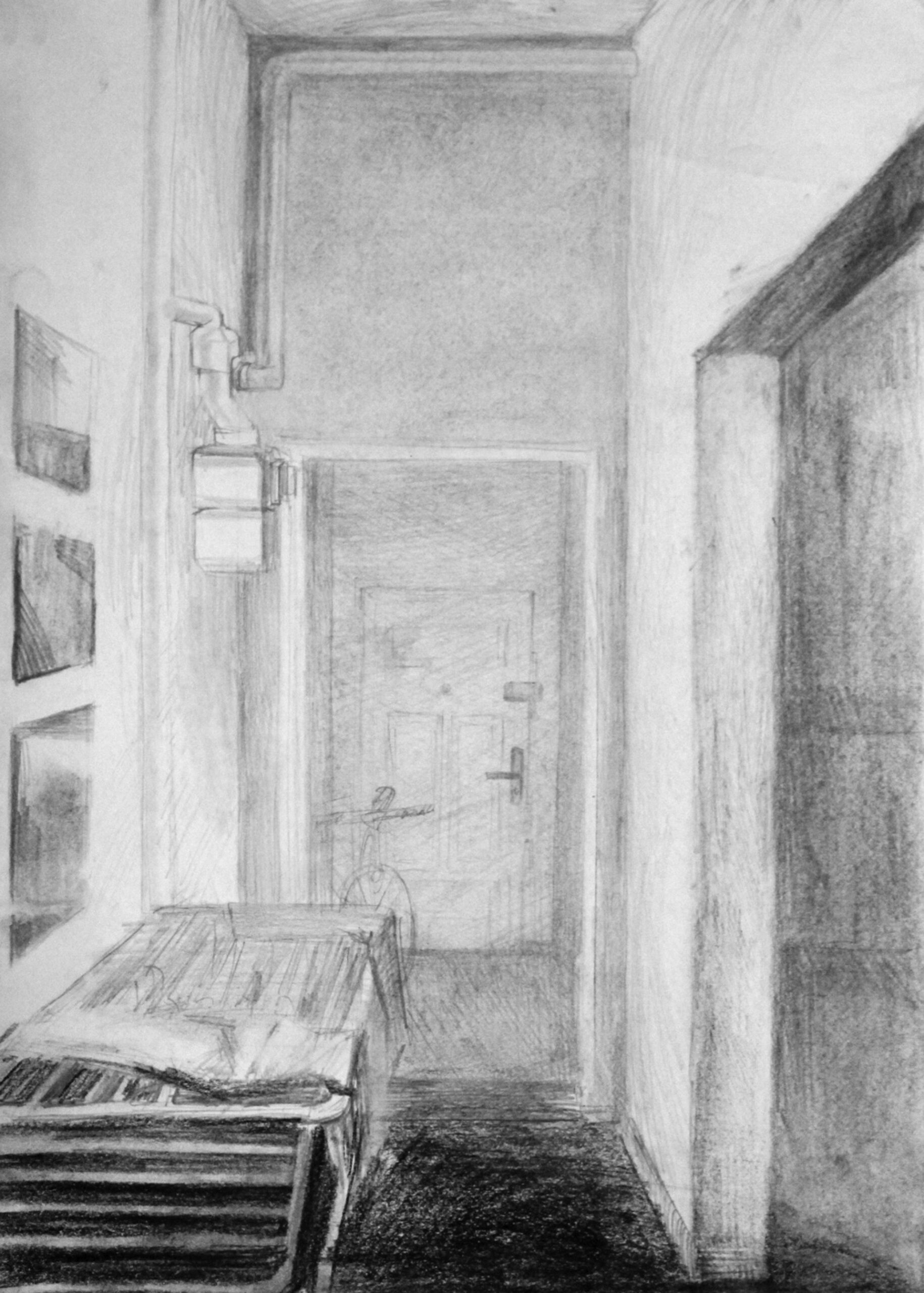 Czarno biały rysunek wnętrza mieszkania. 