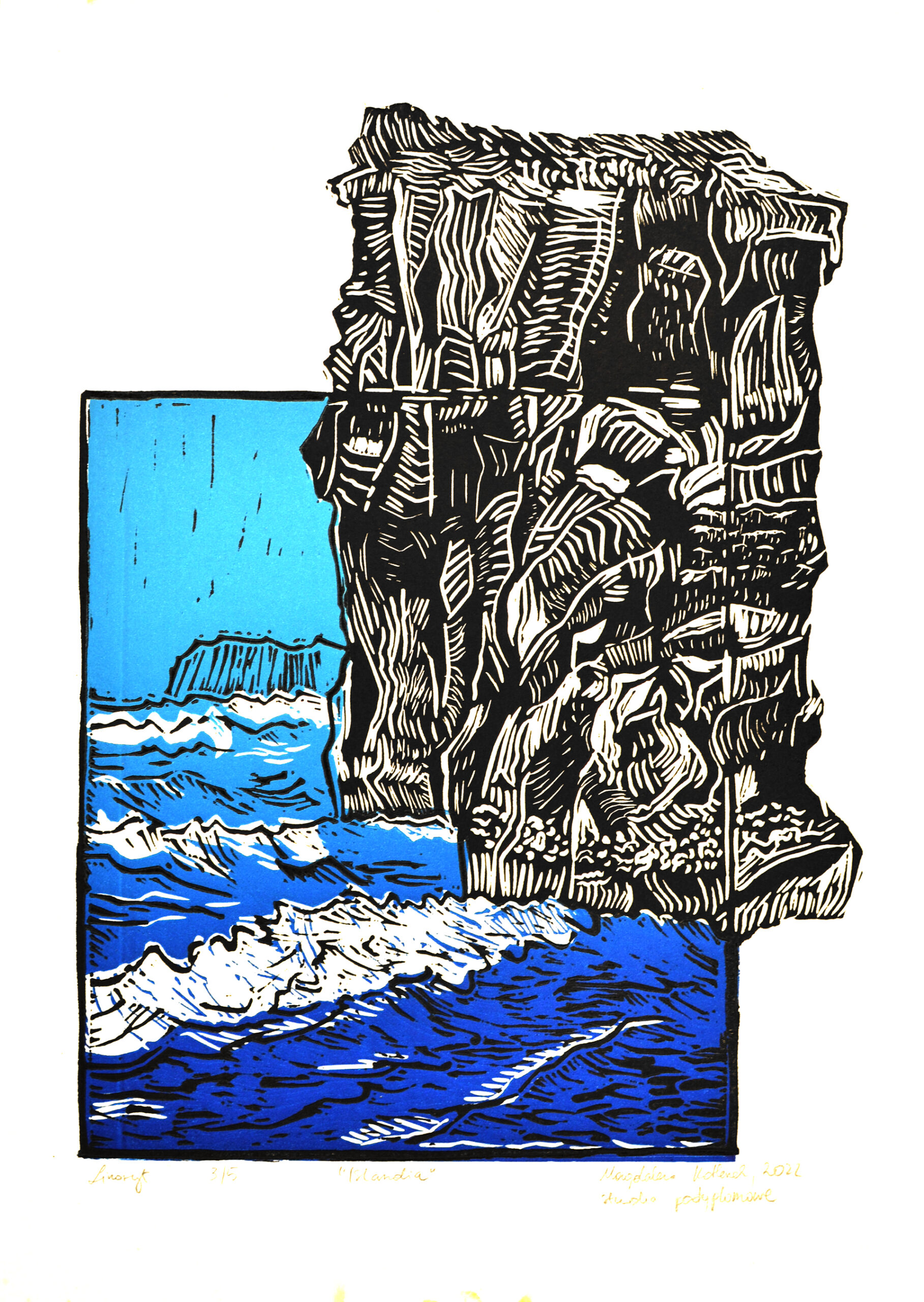 Fotografia przedstawia linoryt dwukolorowy z morzem i klifami.