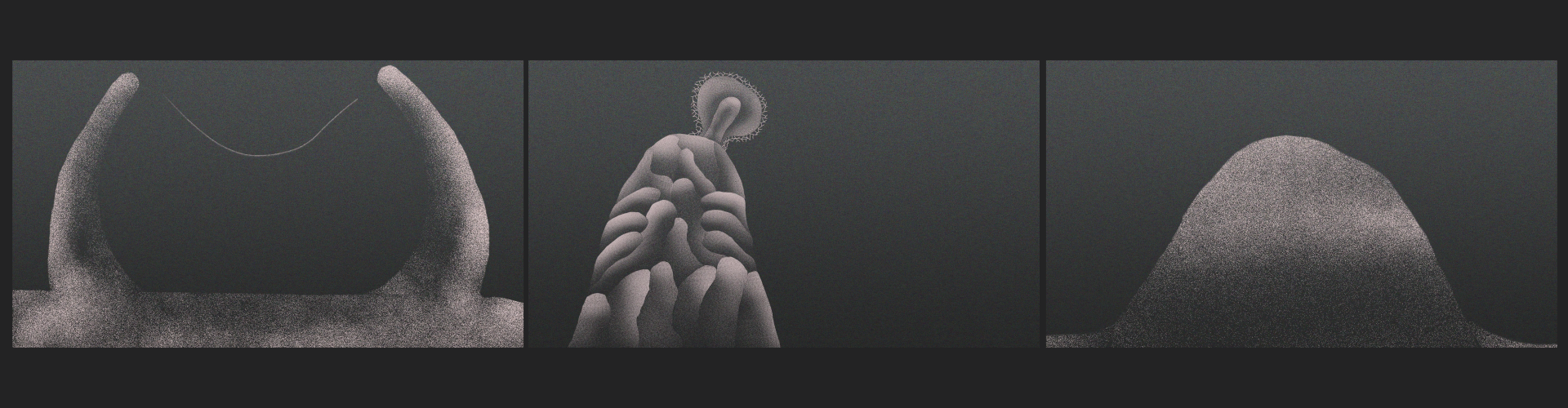  Tryptyk czarno-białych stop klatek z filmu animowanego na ciemnym tle. W trzech kadrach obłe formy jakby usypane z szarego piasku.