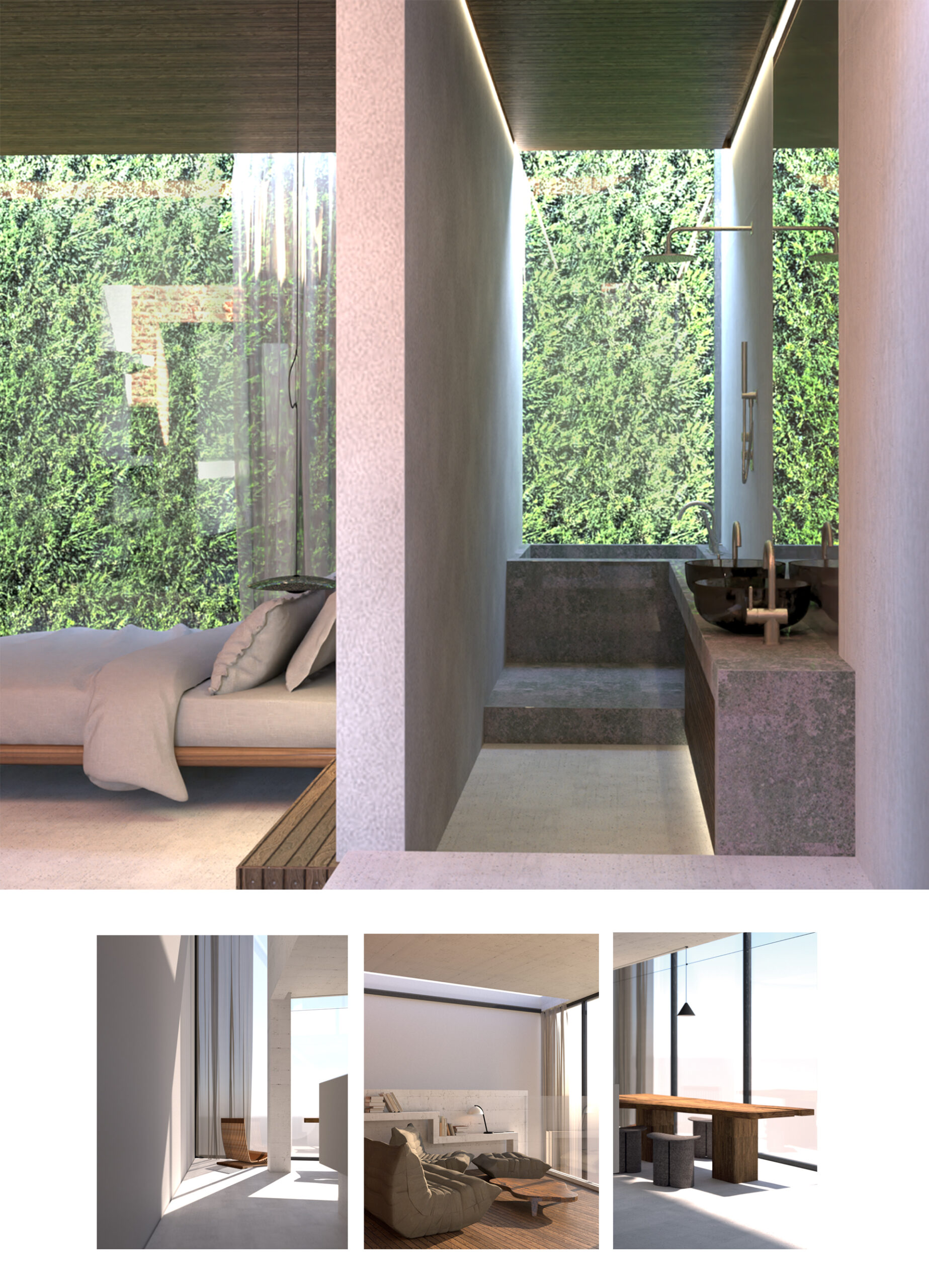 Plansza prezentuje od góry wizualizację z widokiem na sypialnie i prywatną łazienkę na tle zielonej ściany. Poniżej trzy ujęcia przedstawiające kadry na przestrzeń wspólną z kuchnią. 