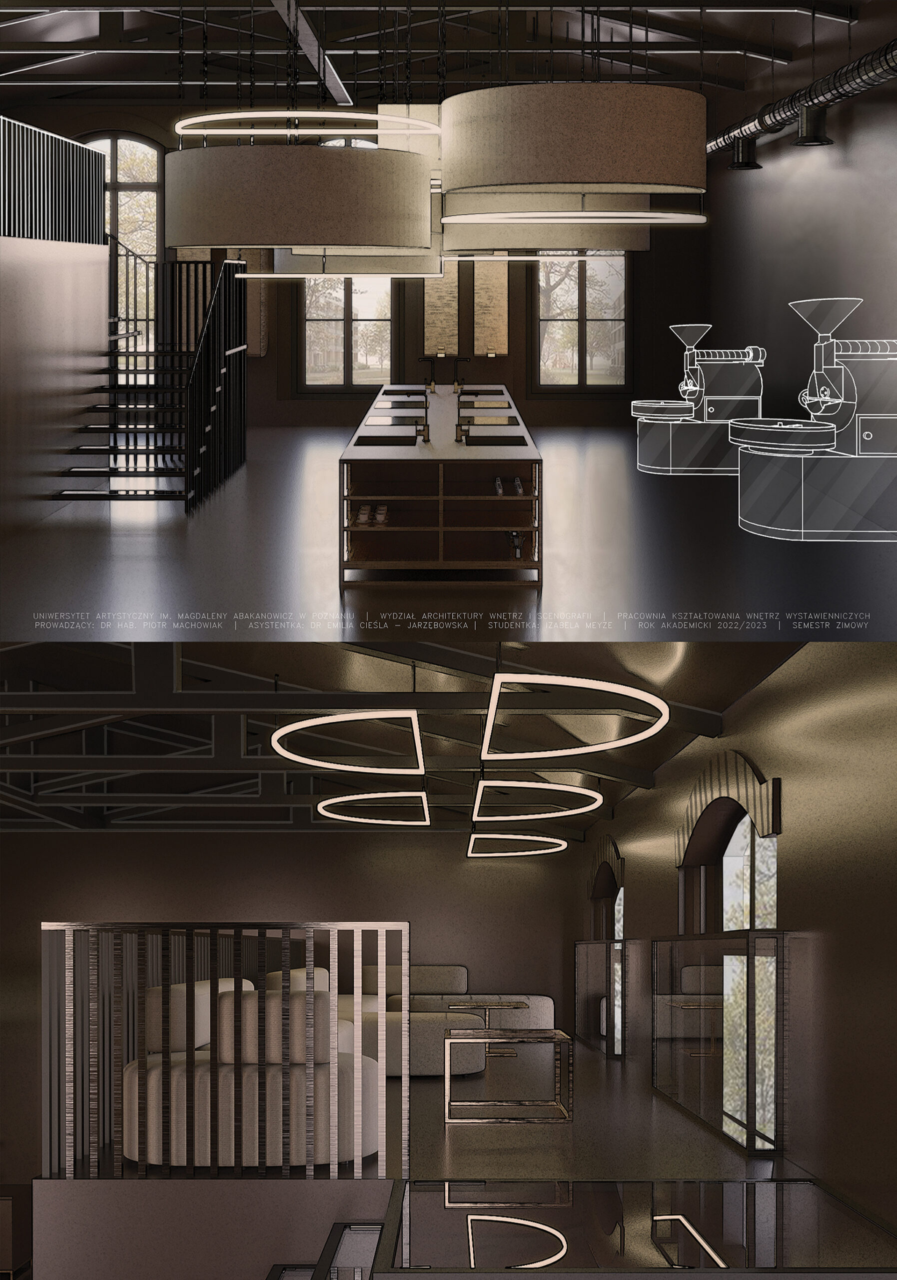 Plansza ukazuje dwie wizualizacje, od góry widok na przestrzeń warsztatową kawiarnii, poniżej zaprojektowana przestrzeń antresoli ze strefą relaksu i konsumpcji.