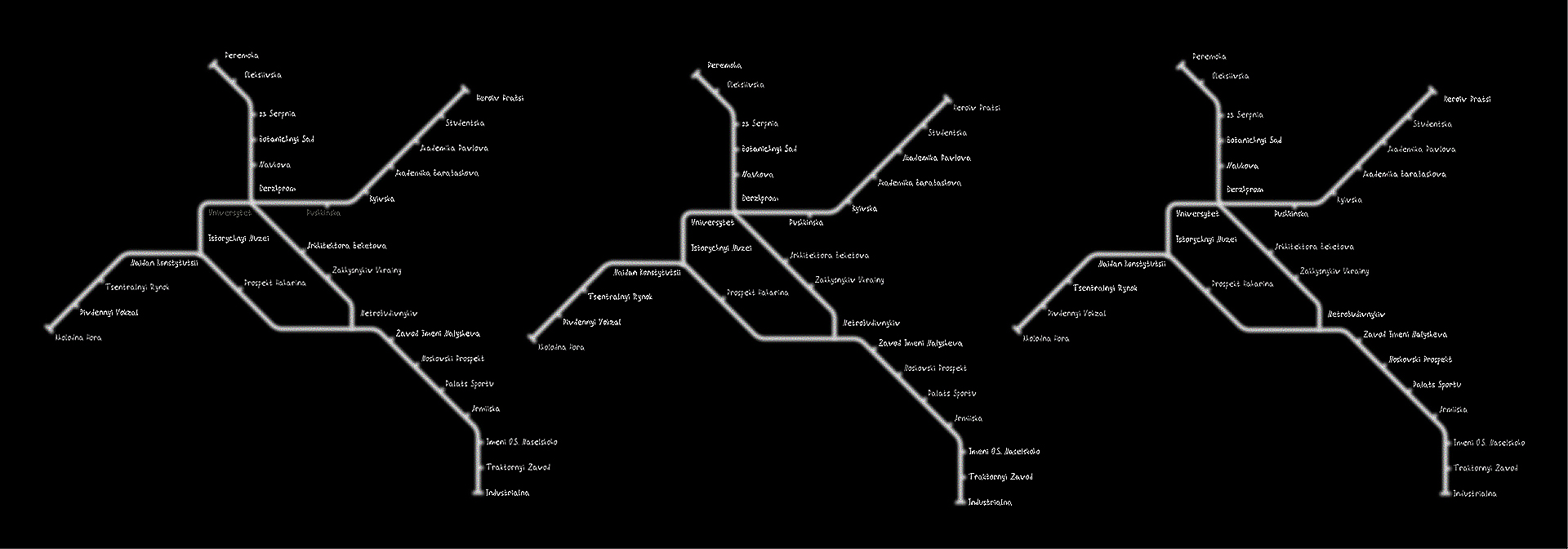  Mapa metra w Charkowie powielona trzy razy, przedstawiona w poziomie.