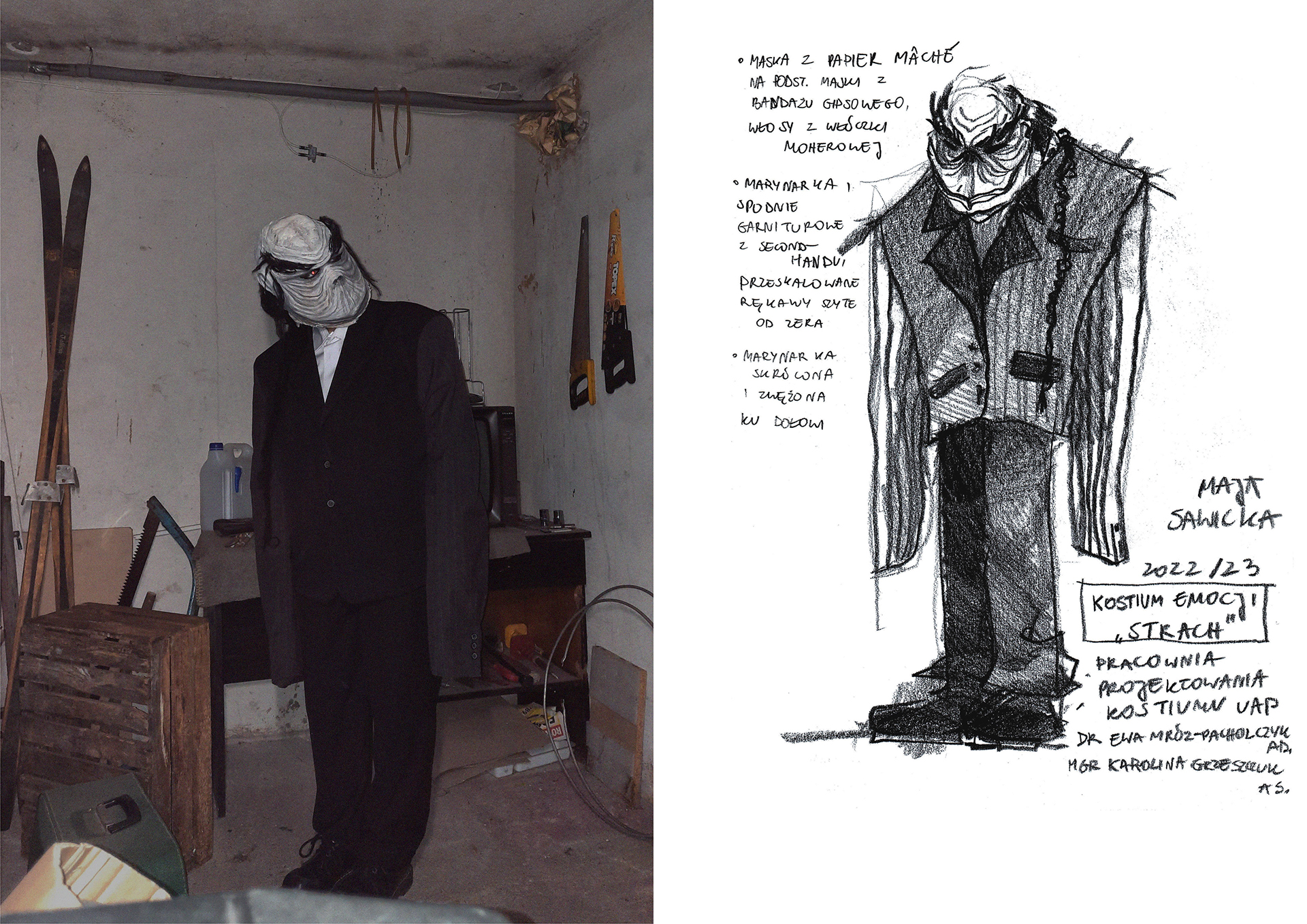 Po lewej człowiek w ciemnym garniturze i czarno-białej pomarszczonej zdeformowanej masce w ciemnej zagraconej piwnicy. Po prawej czarno-biały projekt kostiumu z opisami.