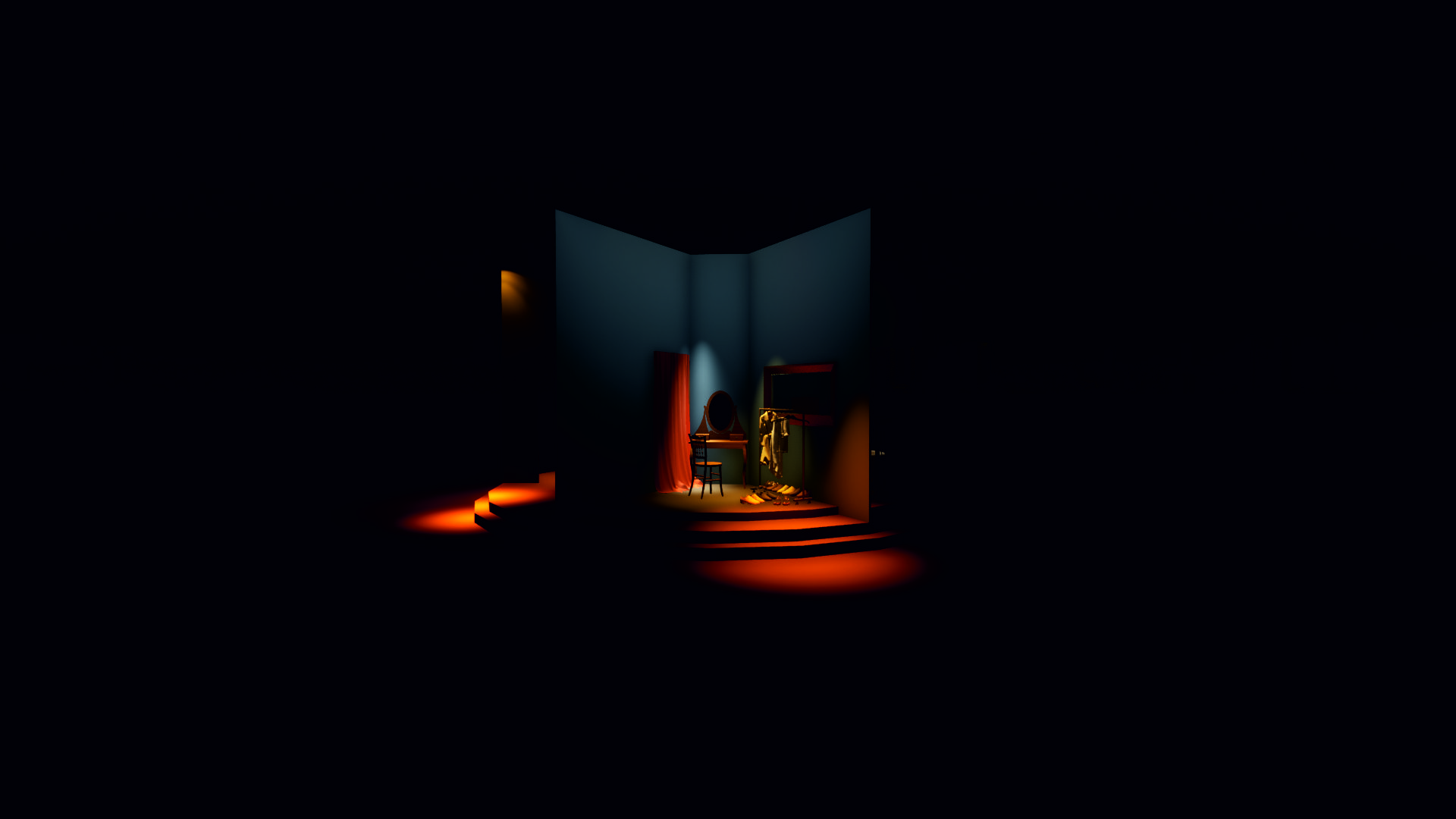 Scena obrotowa podzielona na trzy części. Delikantne ciepłe światło. Na scenie fragmenty różnych wnętrz domowych.