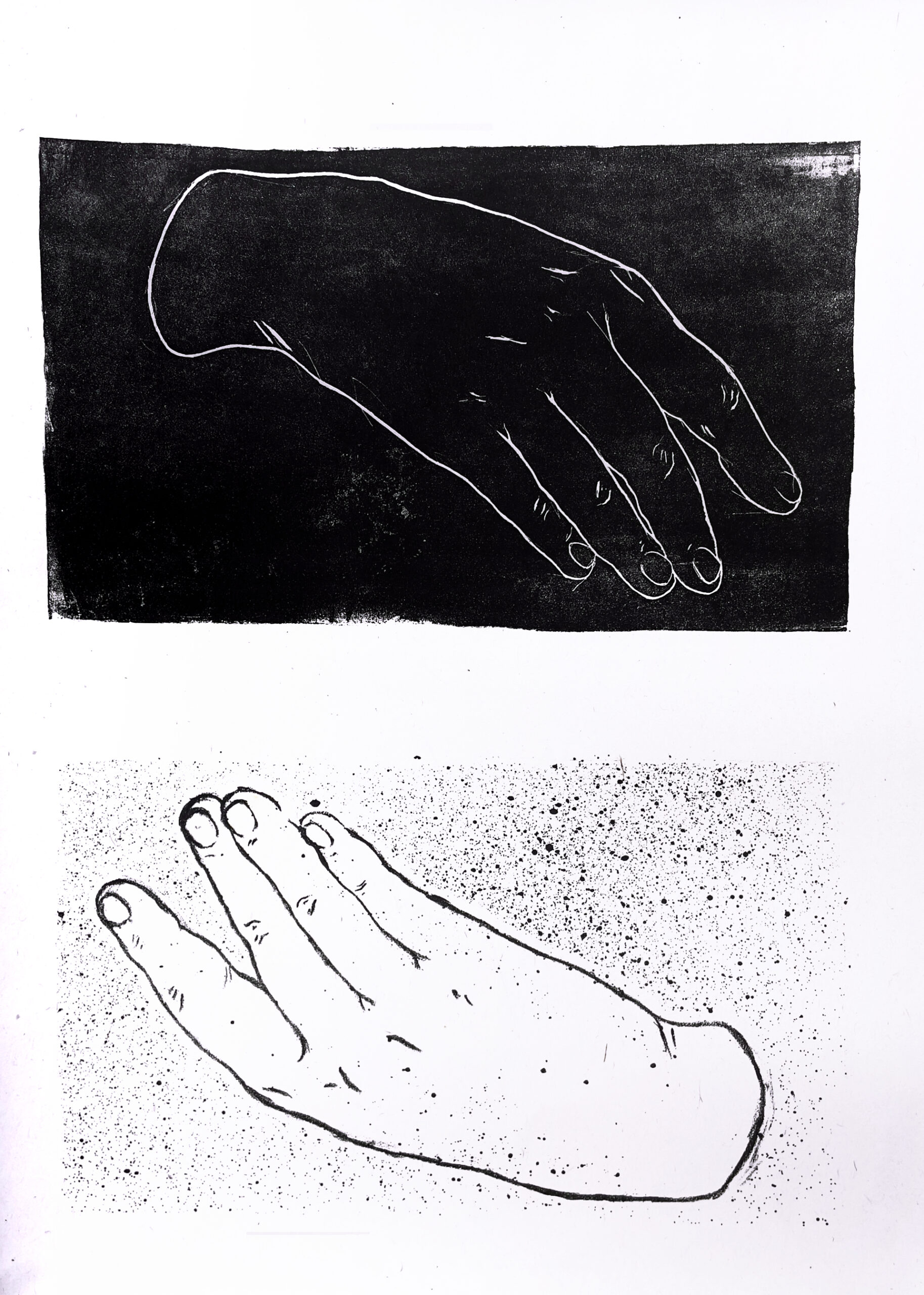 Praca przedstawia dwa linearne rysunki tej samej dłoni, jedna wykonana w pozytywie, druga w lustrzanym odbiciu  wykonana jest w negatywie