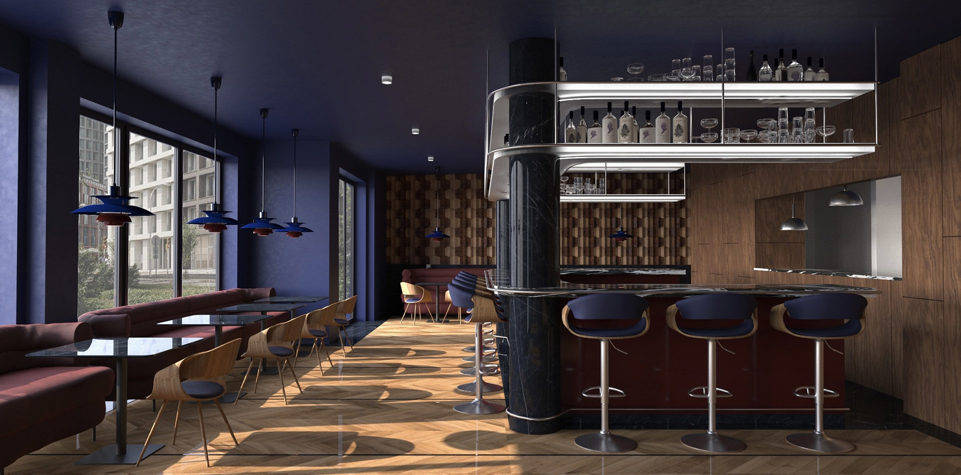 Wizualizacja wnętrza baru, ciemne wnętrze połączenie granatu i stolarki. Widok na bar.