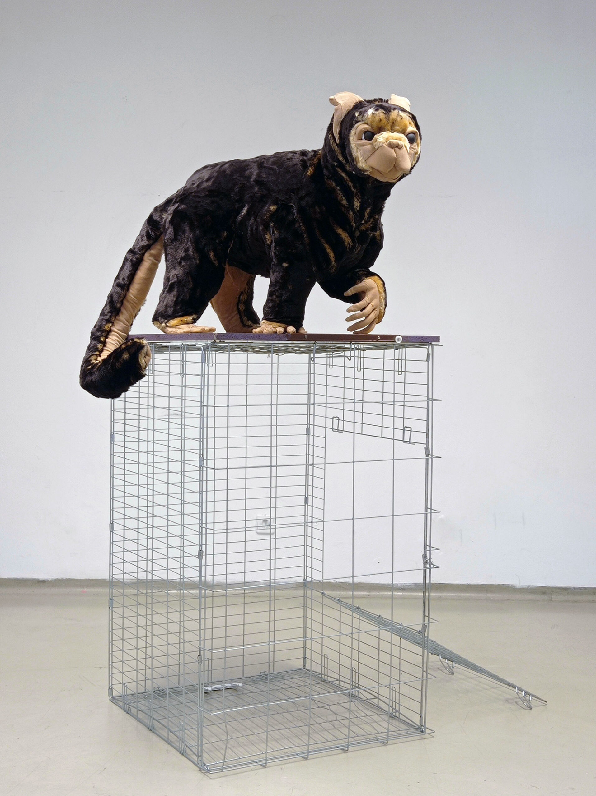 Zdjęcie przedstawia stojące na dużej klatce niezidentyfikowane zwierzę, przypominające psa, kota lub małpę, stworzone z gąbki i brązowego futra.