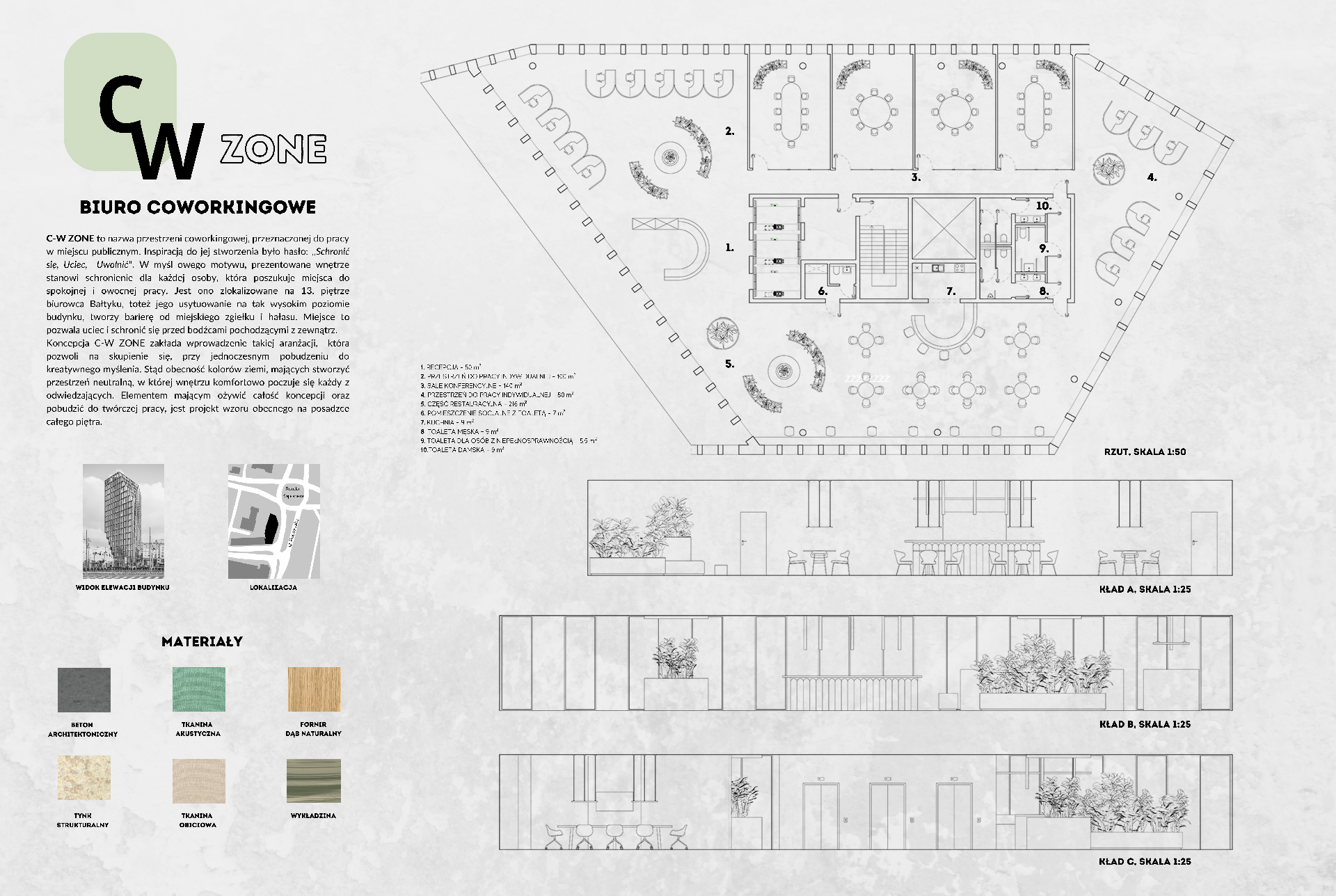 Projekt koncepcyjny wnętrz CW ZONE - biura coworkingowego zawierający mapę lokalizacyjną budynku Bałtyk w Poznaniu, próbki materiałów użytych we wnętrzach oraz rzut i kłady.