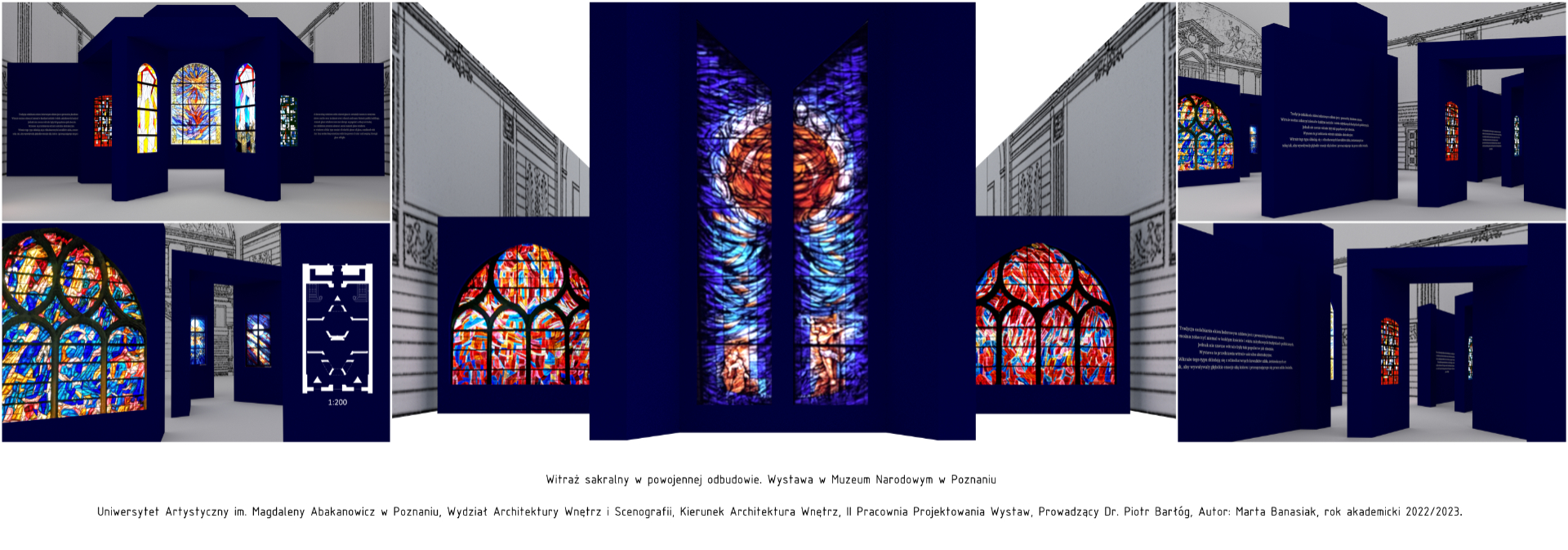 Projekt koncepcyjny wystawy czasowej w Muzeum Narodowym w Poznaniu, zawierający komputerowe wizualizacje barwnych widoków perspektywicznych, ukazujących przestrzeń ekspozycji z punktu widzenia osoby zwiedzającej oraz rzut.