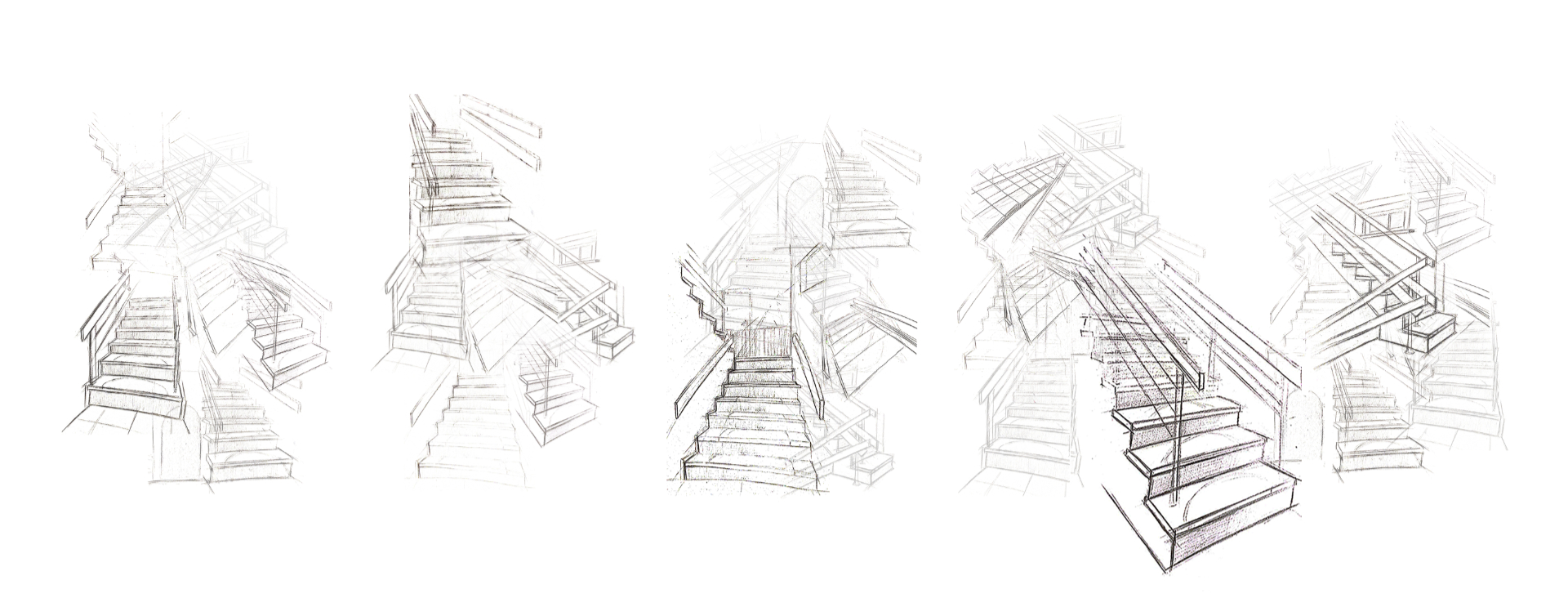 Opis alternatywny:Praca jest kompozycją docelową (fragmentem większego cyklu), składającą się z odrębnych, wykonywanych w trakcie semestru szkiców – efektem obserwacji przestrzeni schodów i jej rysunkowych rejestracji.