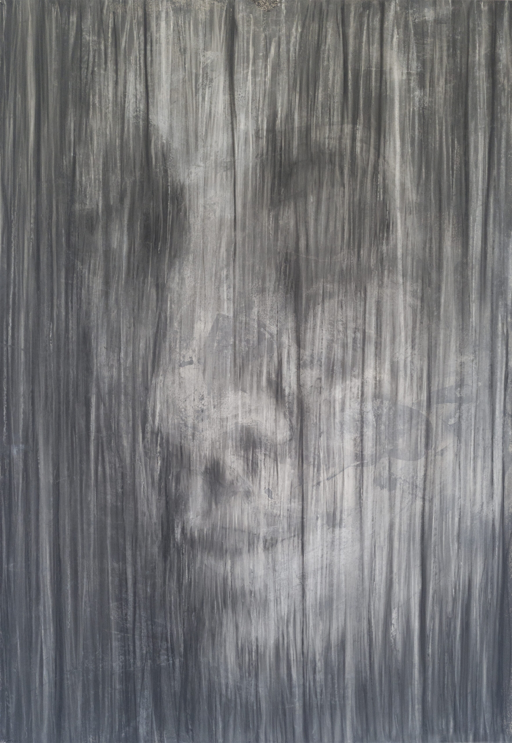 Tekst alternatywny: Zdjęcie rysunku złożonego z pionowych białych, czarnych linii i dominującą szarością przedstawiający dość uproszczony portret przedstawionej od boku twarzy.