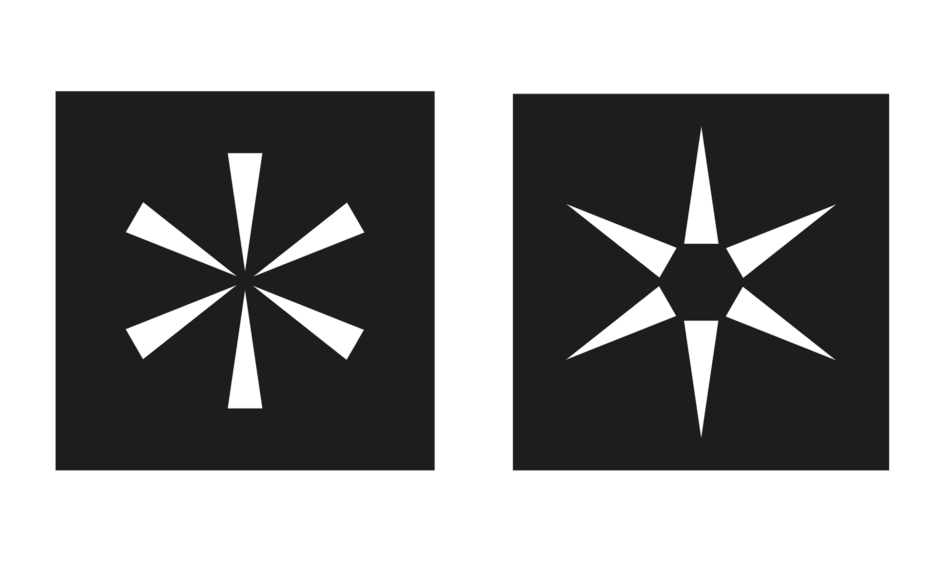 Dwie kompozycje z białych szpiczastych trójkątów na czarnym kwadracie.