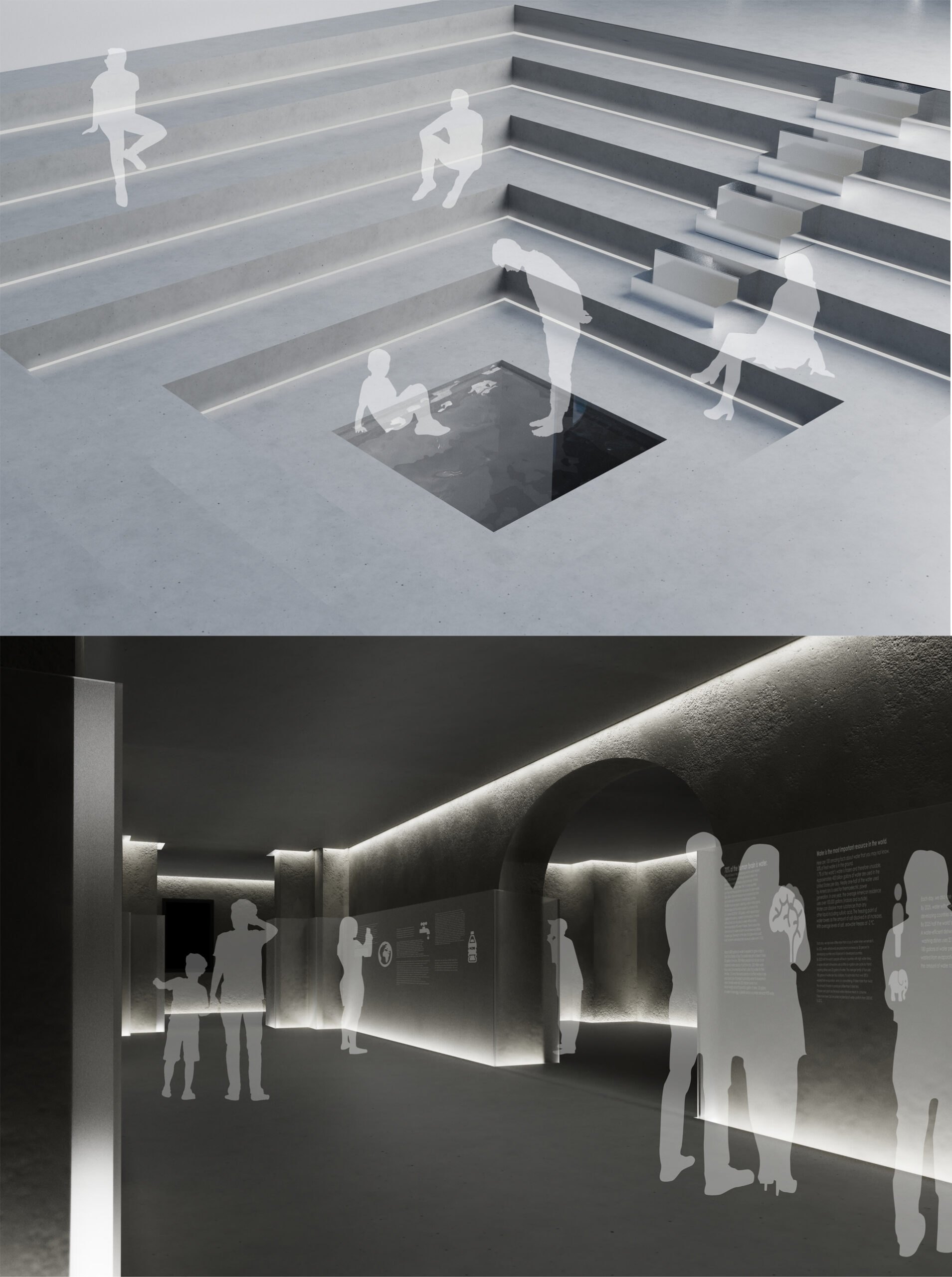 Dwie ilustracje ukazujące widok na miejsce spotkań oraz piwnice gdzie została zaprojektowana część wystawiennicza.