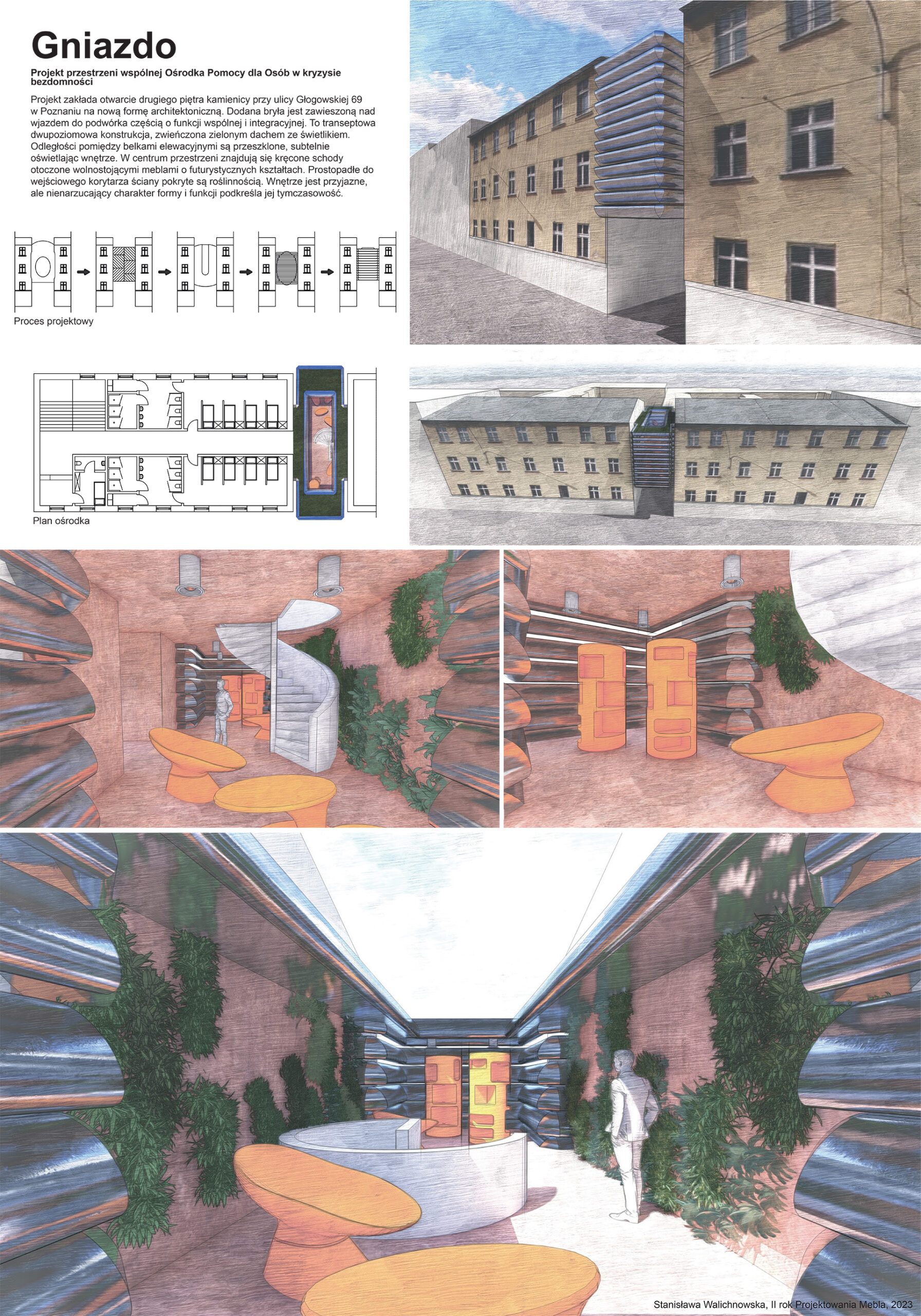 Plansza prezentująca od lewej opis z rysunkami przedstawiającymi analizy projektowanej bryły, rzut  wnętrz przestrzeni wspólnej dla Ośrodka w kryzysie bezdomności poniżej przestrzenne, kolorowe kolaże projektowanej przestrzeni wspólnej.