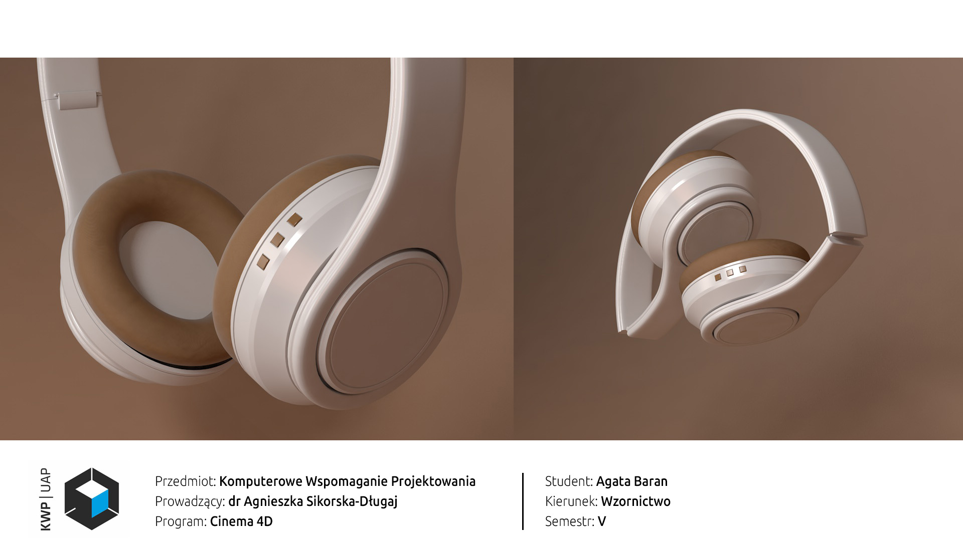 Rendery z programu Cinema 4D. Model białych słuchawek nausznych, bezprzewodowych. Tło brązowy gradient