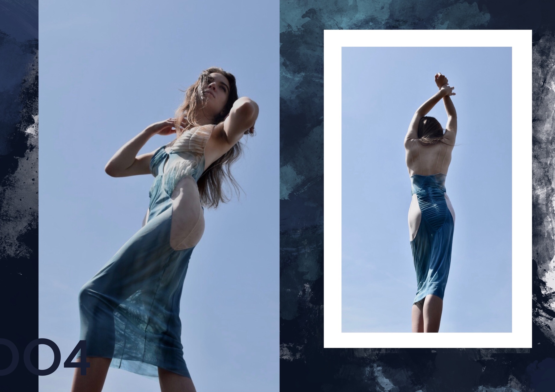 Dwa zdjęcia przedstawiające dziewczynę w dopasowanej, niebieskiej sukience na tle nieba