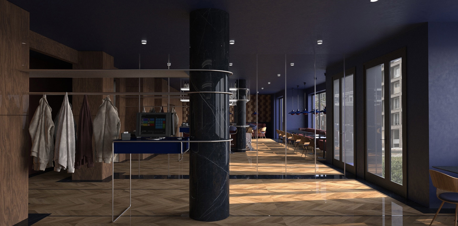 Wizualizacja wnętrza baru, ciemne wnętrze połączenie granatu i stolarki. Widok na wejście ( Bar w odbiciu lustrzanej ściany )