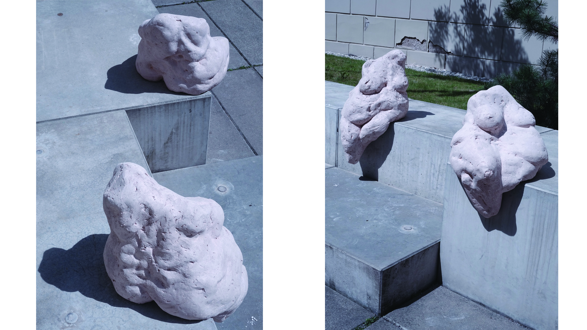 Fotografia przedstawia, dwie ceramiczne formy kształtem sugerujące postać ludzką. ustawione na betonowych geometrycznych postumentach