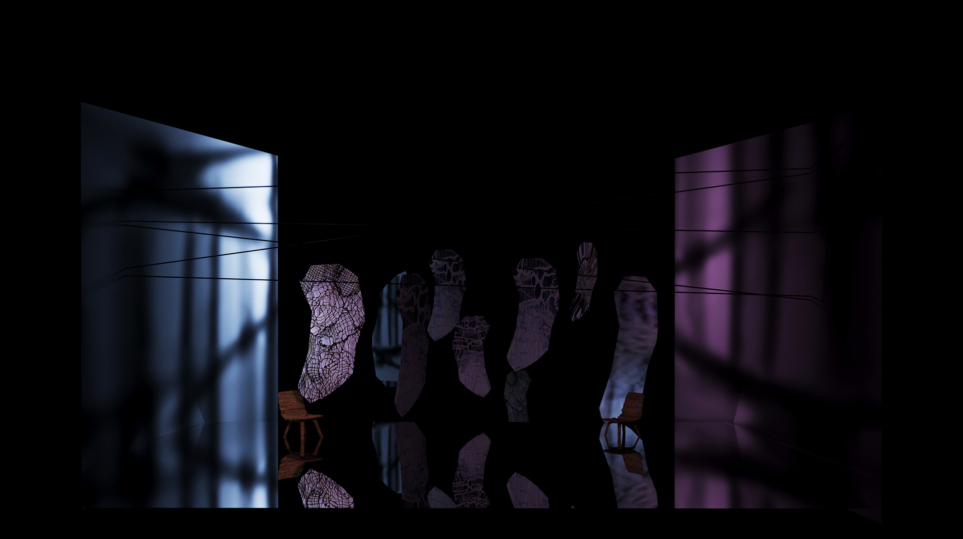 Wizualizacja scenografii ukazująca projekt z pracowni kierunkowej. Kompozycja forma zawieszonych na cięgnach i zaprezentowanych na ciemnym tle.