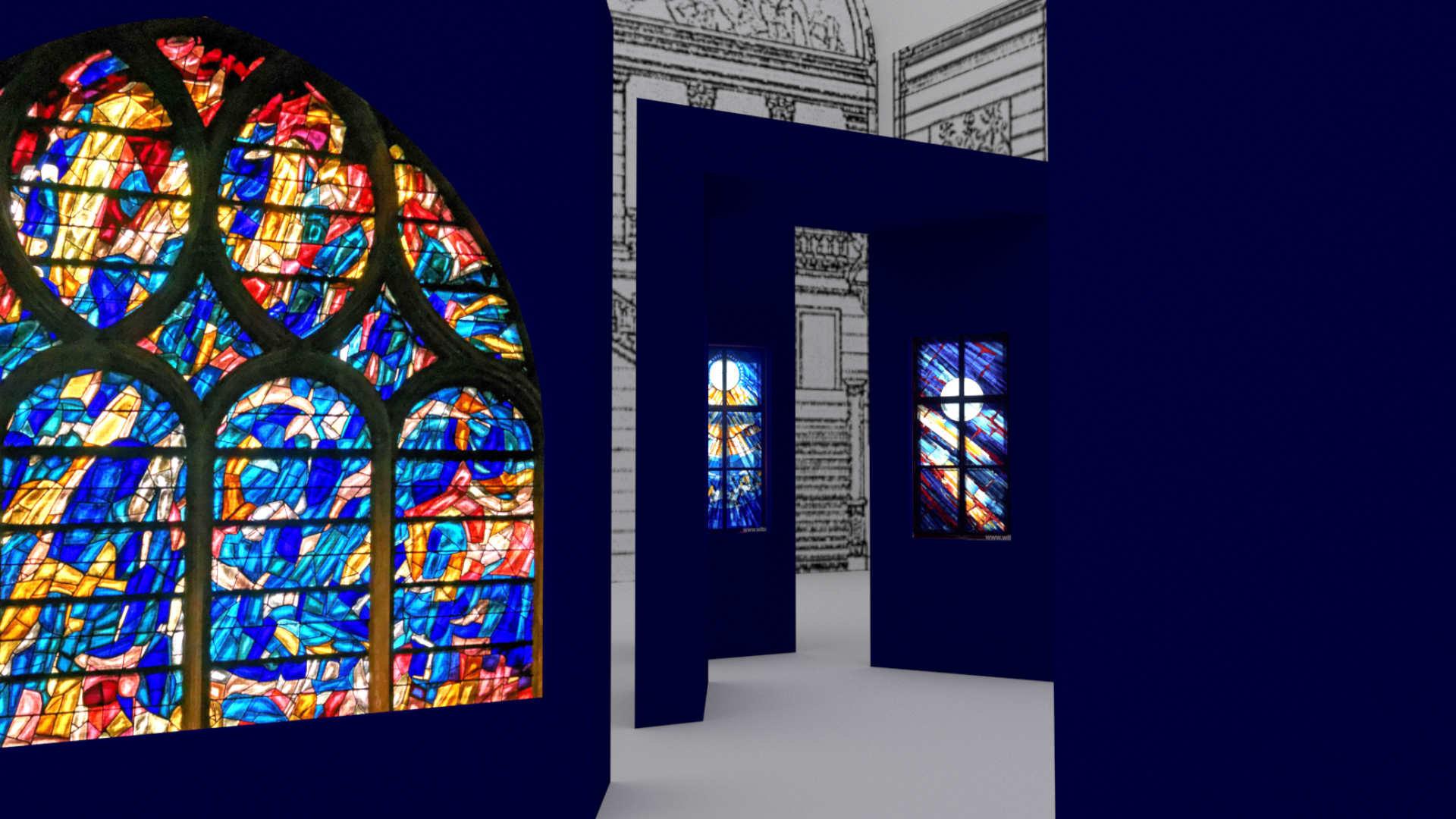 Projekt koncepcyjny wystawy czasowej w Muzeum Narodowym w Poznaniu (fragment) – komputerowa wizualizacja barwna widoku perspektywicznego, ukazująca przestrzeń ekspozycji z punktu widzenia osoby zwiedzającej.