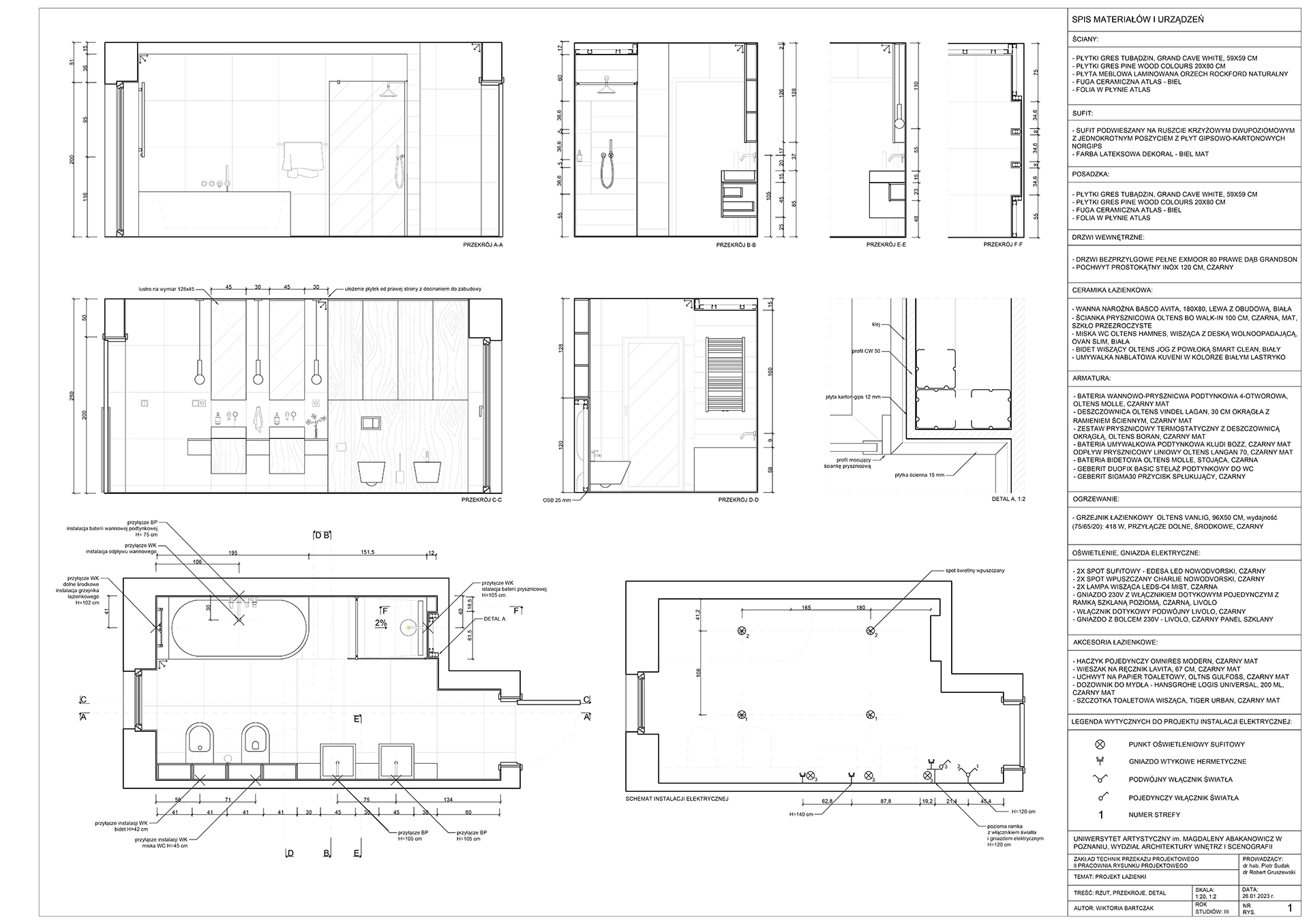 Projekt techniczny łazienki opracowany zgodnie z zasadami rysunku projektowego zawierający informacje niezbędne do jego wykonania.