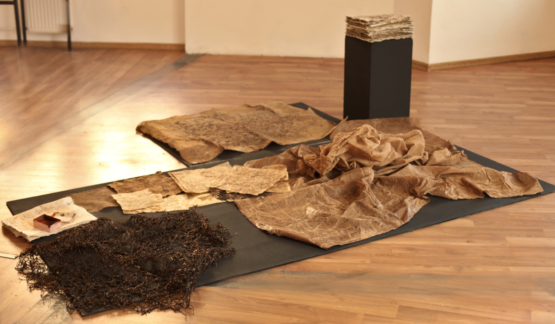 Dokumentacja instalacji przestrzennej, leżącej na pod czarnym blacie i podłodze, która składa się z brązowych tkaninn, struktury przestrzennej z alg. Na dalszym planie znajduje się niewysoki postument ze zbiorem papierów czerpanych.