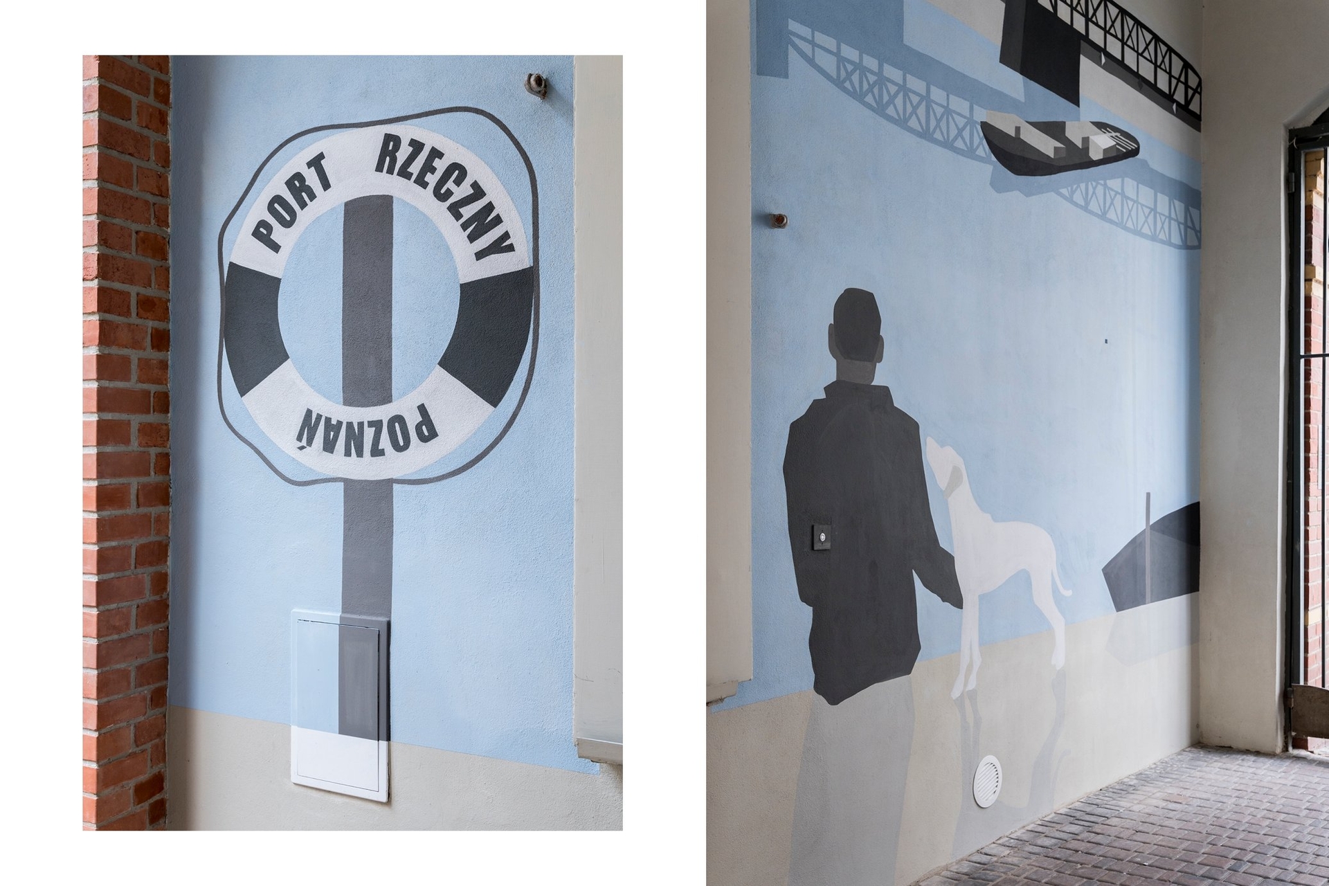 Na obu zdjęciach widać zbliżenia muralu w kamienicy przy ul. Szyperskiej 2 w Poznaniu, wykonanego według projektu Anny Marii Skotarek. Zdjęcie z lewej strony przedstawia koło ratunkowe z napisem PORT RZECZNY POZNAŃ wiszące na słupku. Na zdjęciu z prawej strony widać mężczyznę siedzącego na brzegu i spoglądającego na znajdujący się w oddali most i płynącą barkę. Na moście widać oznaczenie szlaku wodnego. Ażurowa konstrukcja mostu odbija się w lustrze wody. Na prawo od mężczyzny znajduje się pies i przycumowana do brzegu łódka. Dominują pastelowe błękity, ciepłe szarości i czernie.