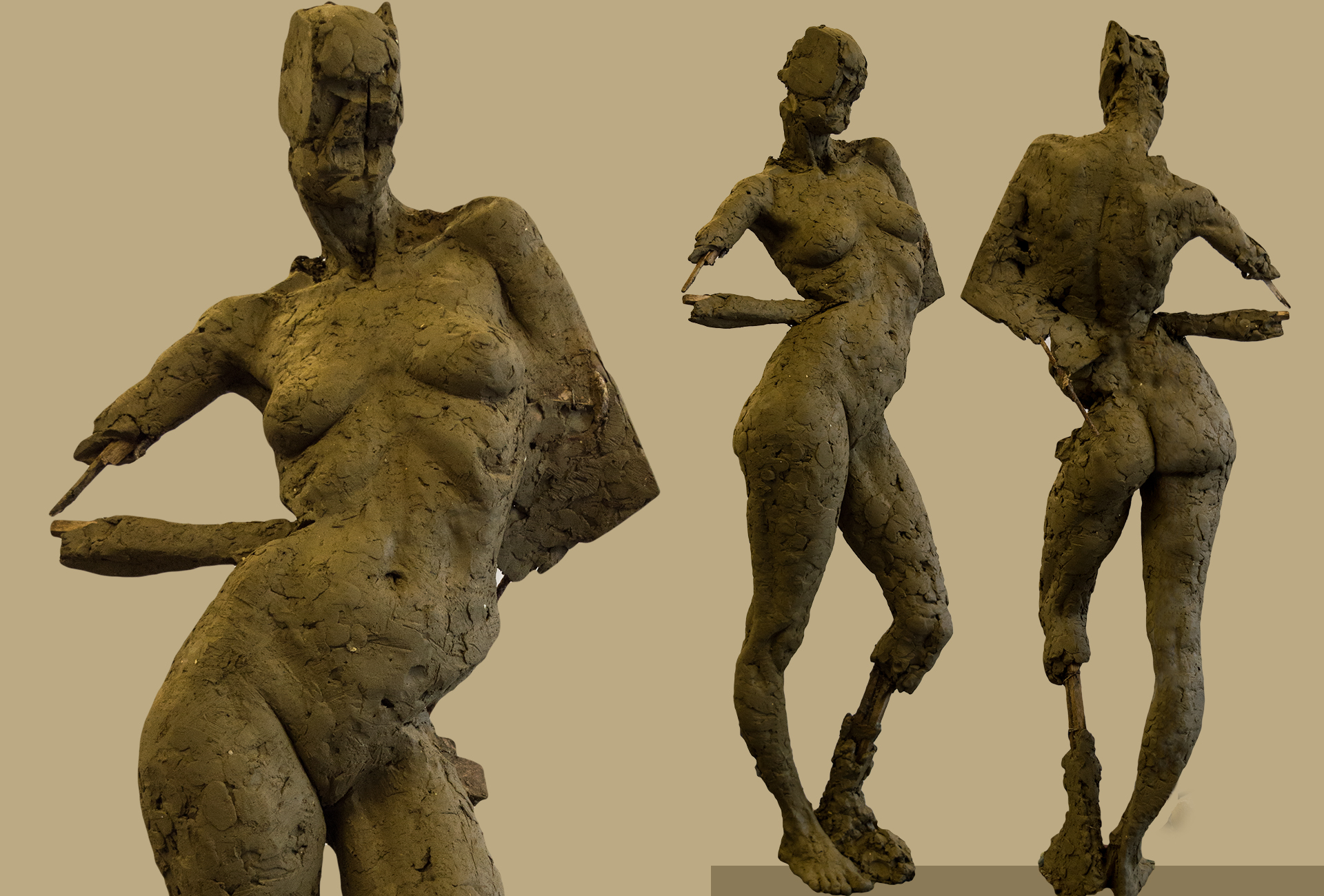 zdjęcie przedstawia trzy ujęcia tej samej rzeźby-postać ludzka stojąca w kontrapoście, na prawej nodze, ręce podpartę w talii. Rzeźba wykonana z gliny