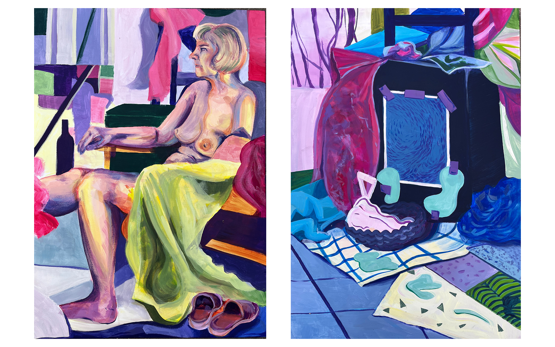 Grafika zawiera dwa kolorowe obrazy. Na jednym widnieje postać kobiety z kapciami w prawym dolnym rogu. Na obrazie po prawej stronie widzimy studium głównie osadzonej w błękicie martwej natury. 