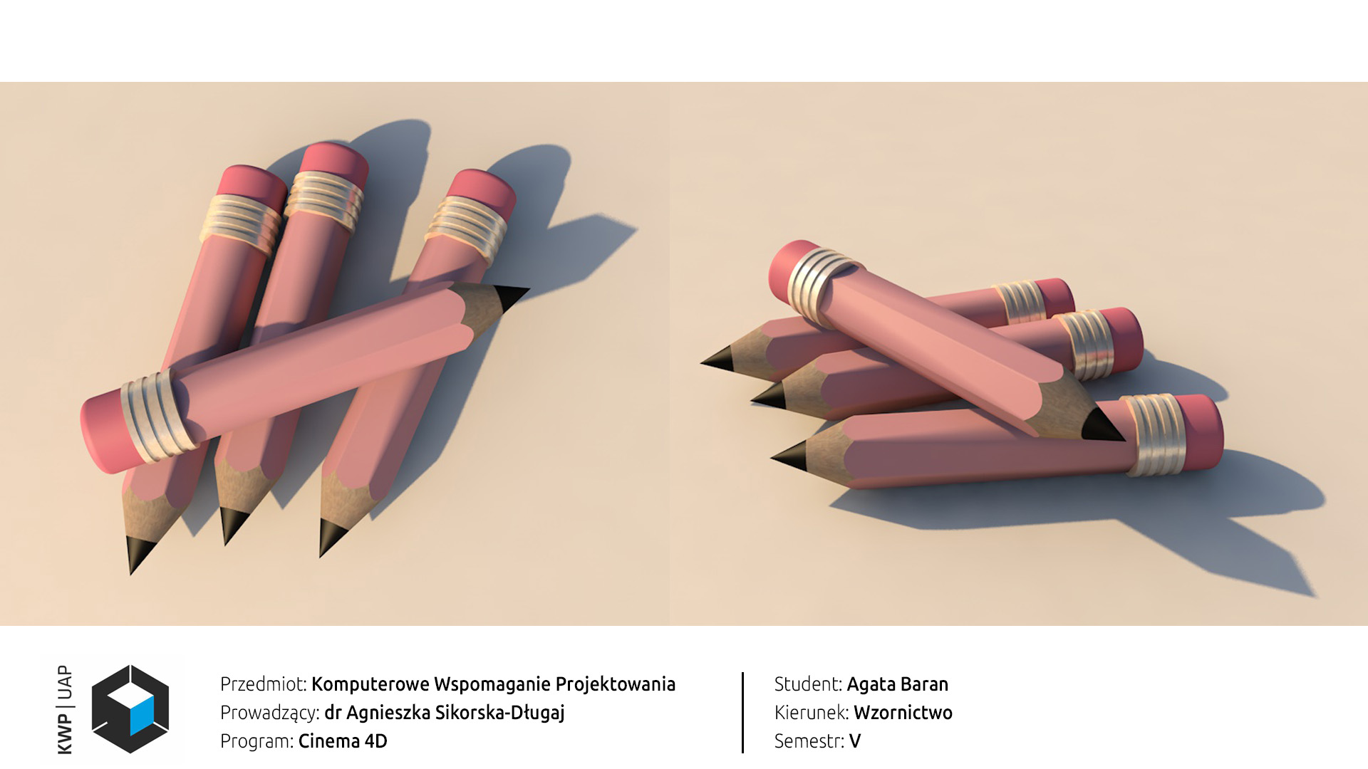 Rendery z programu Cinema 4D. Model czterech różowych ołówków z gumką. Kompozycja zwarta, ołówki leżą ułożone jedno przy drugim na płaskiej powierzchni. Tło różowo-pastelowe.