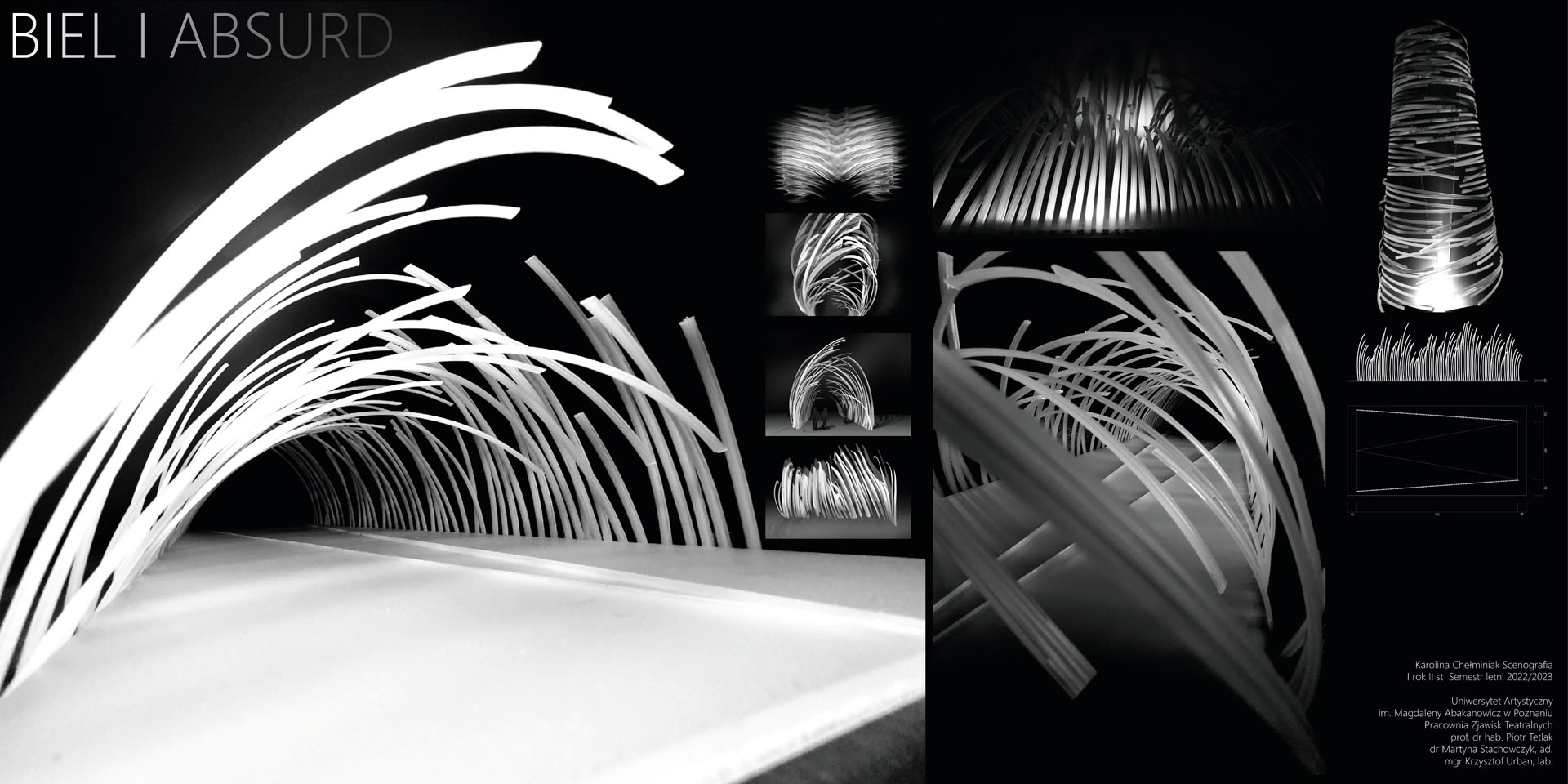Pozioma plansza z czarno białymi zdjęciami, dwa duże i sześć małych zdjęć projektu scenografi, wydłużona scena wzdłuż której ustawione są gęsto, cieńkie, schodzące się do osi białe łuki o różnych długościach. 