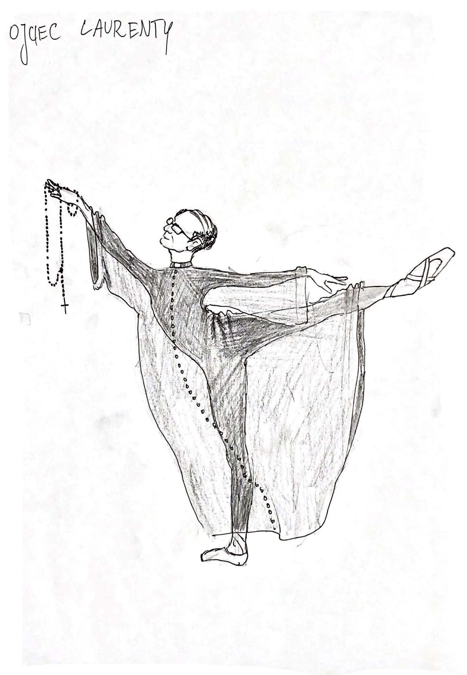 Rysunek mężczyzny w okularach i przerzedzonych włosach w pozycji baletowej. Ubrany w obszerną przezroczystą sutannę, czarny trykot i pointy. W dłoni trzyma różaniec.