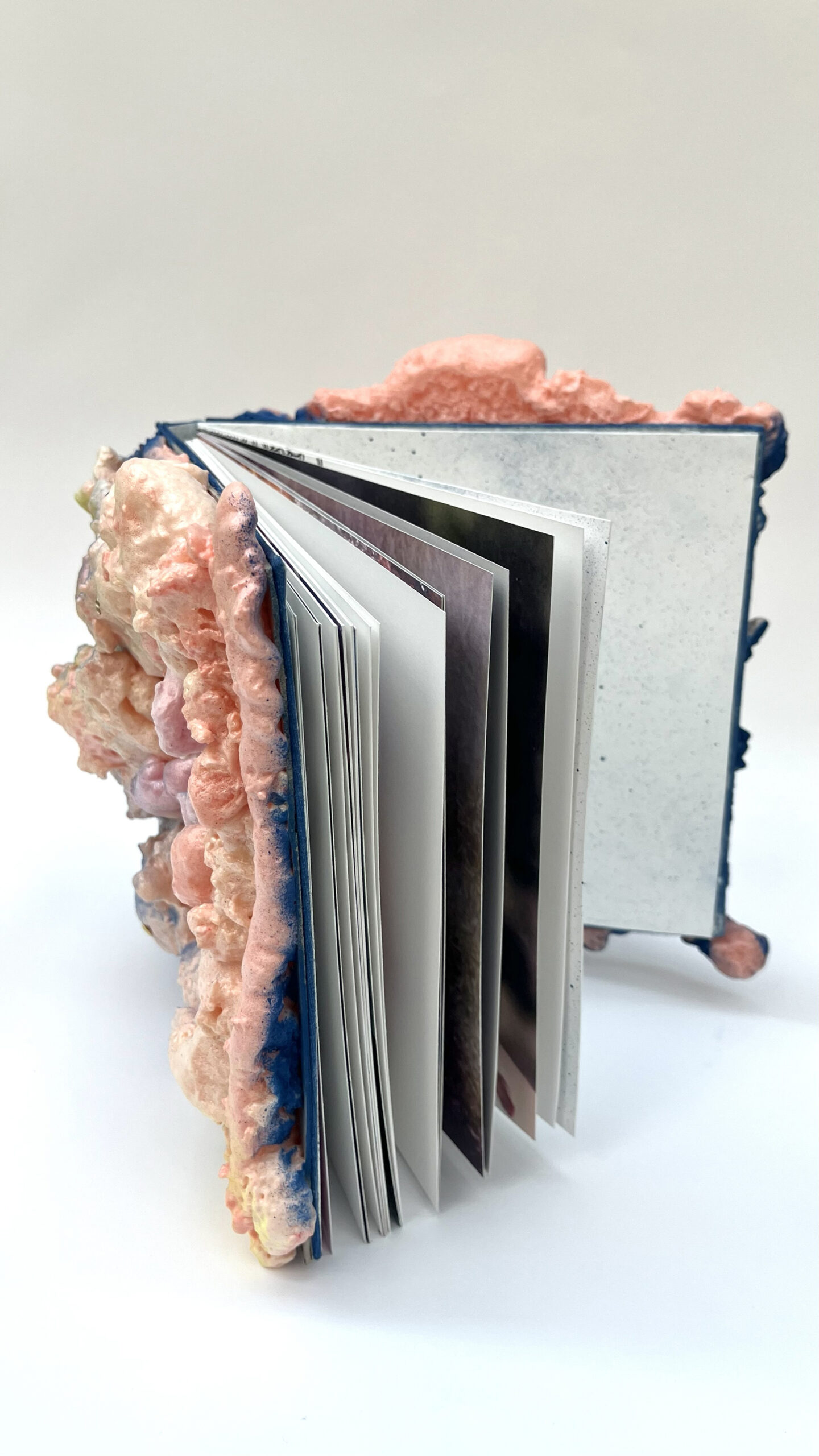 Fotografia przedstawia portfolio w formie książki, lekko otworzonej, stojącej pionowo, z bardzo wypukłą okładką wykonaną z pianki montażowej, na neutralnym tle.