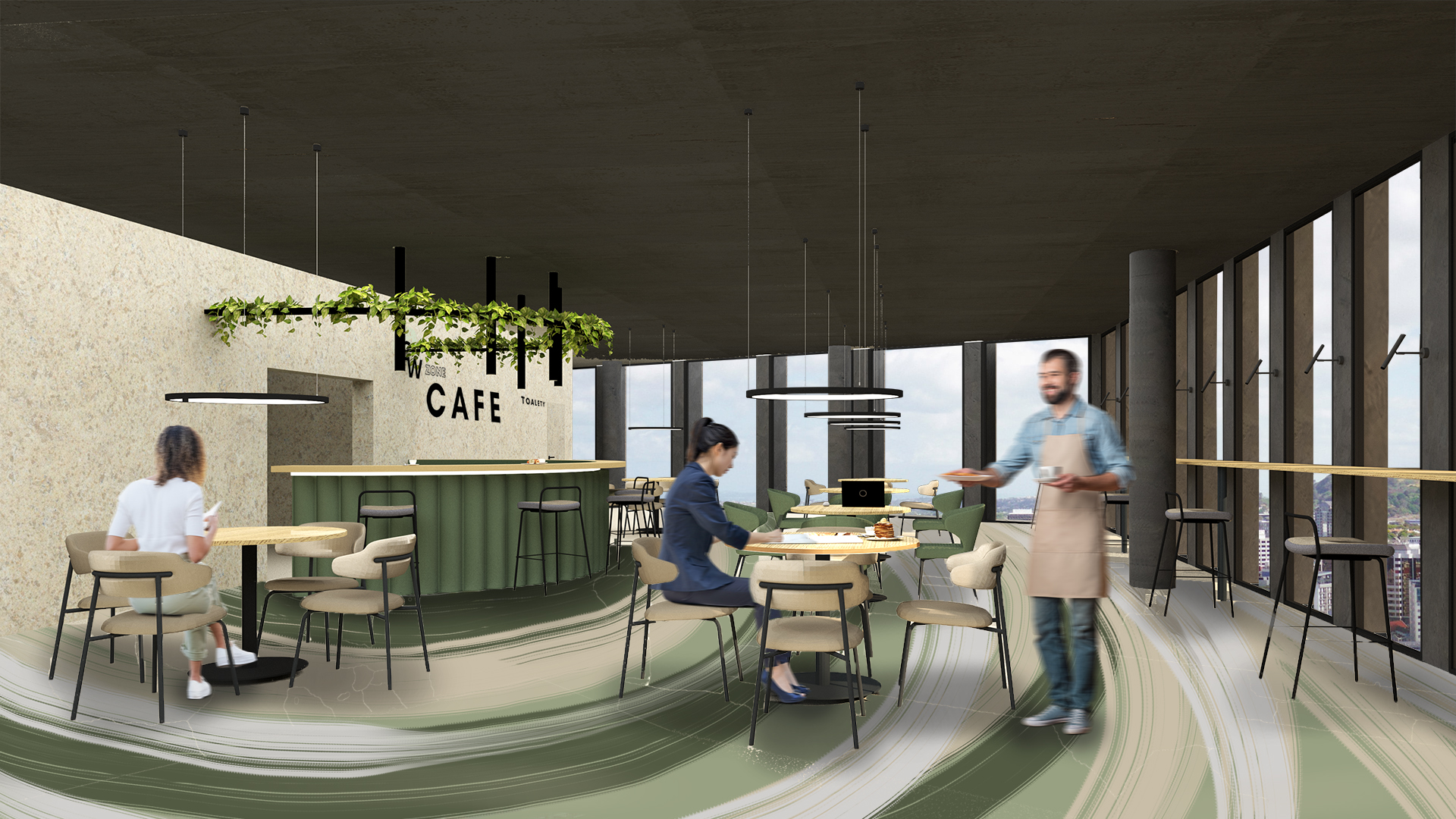 Barwna wizualizacja przedstawiająca widok na przestrzeń kawiarni - bar oraz część otwartą ze stolikami dla pracowników projektowanego biura.