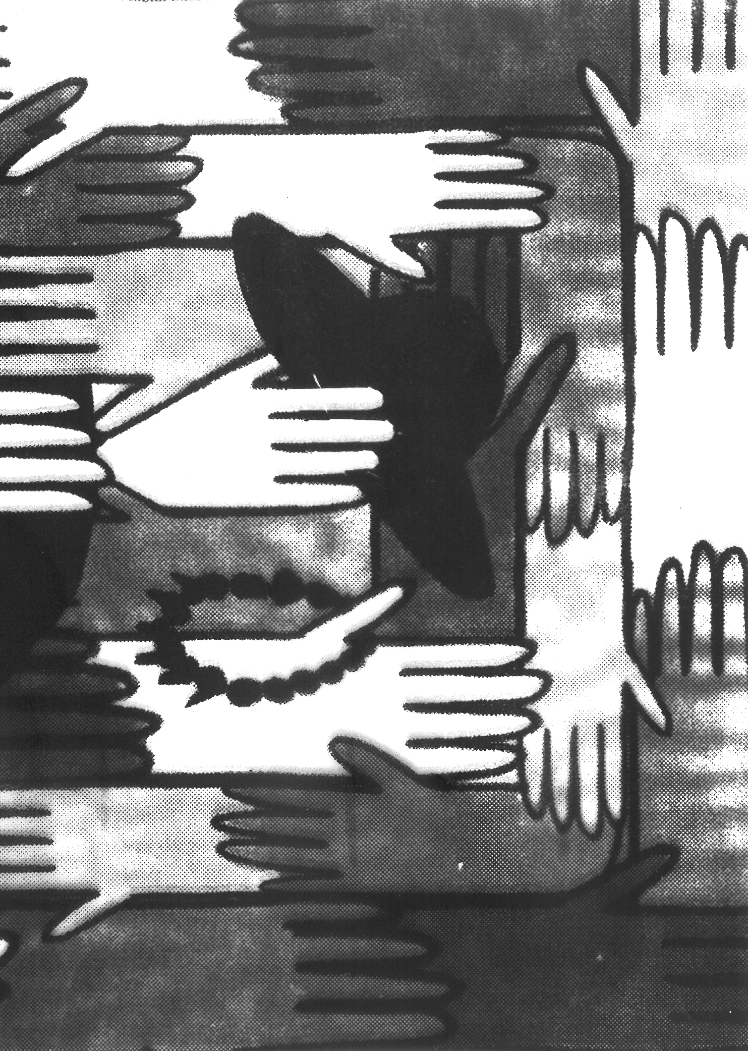 Grafika na folii pleksi, z wizerunkiem wielu dłoni, w środkowej części kompozycji jedna z dłoni trzyma kapelusz oraz bransoletkę