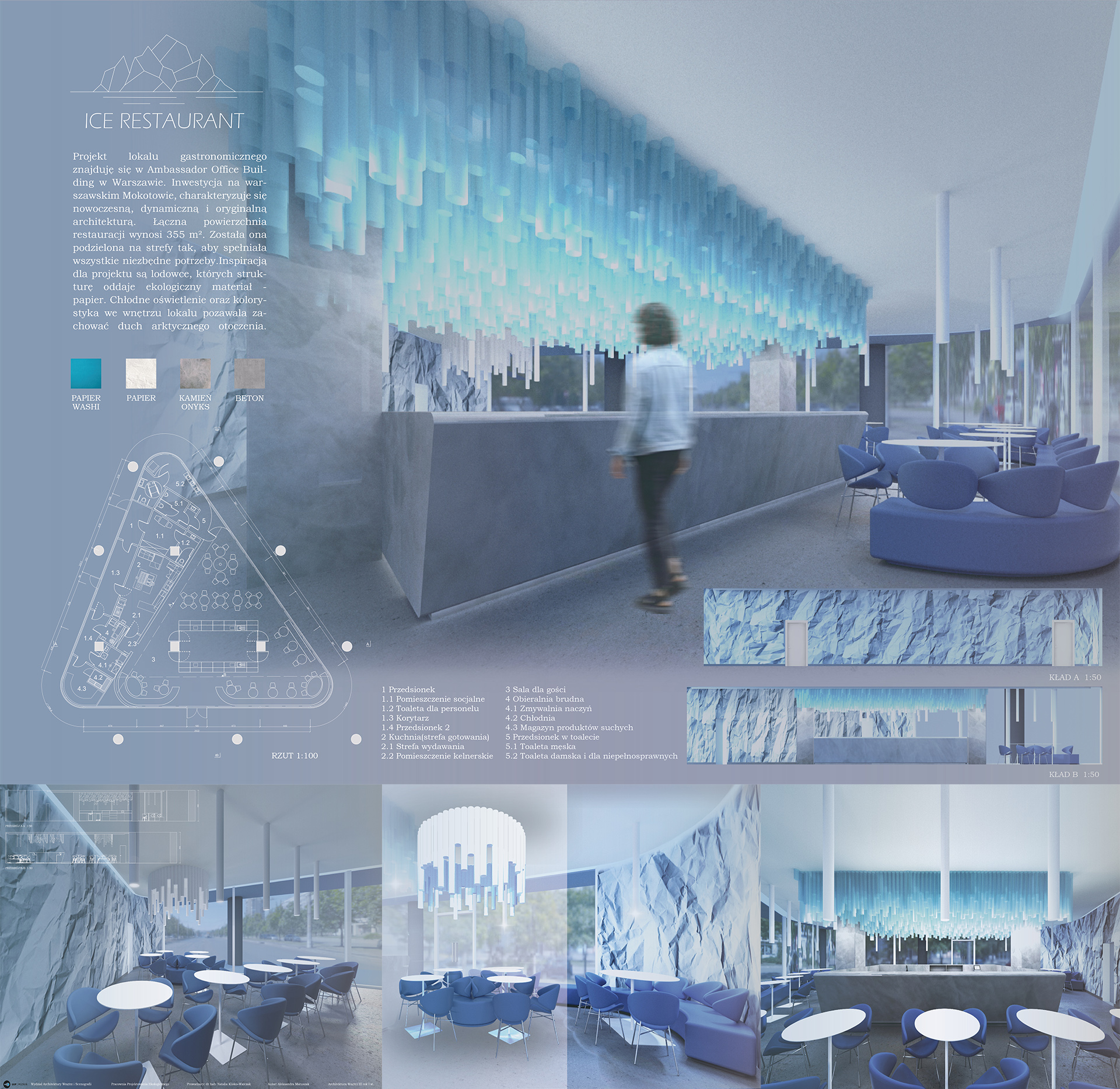 Obraz zawierający rysunki techniczne oraz wizualizacje projektowanych wnętrz, które przedstawiają: ladę barową oraz miejsce spożywania posiłków. Wnętrze w szaro niebieskich kolorach przypominające bryły lodu.