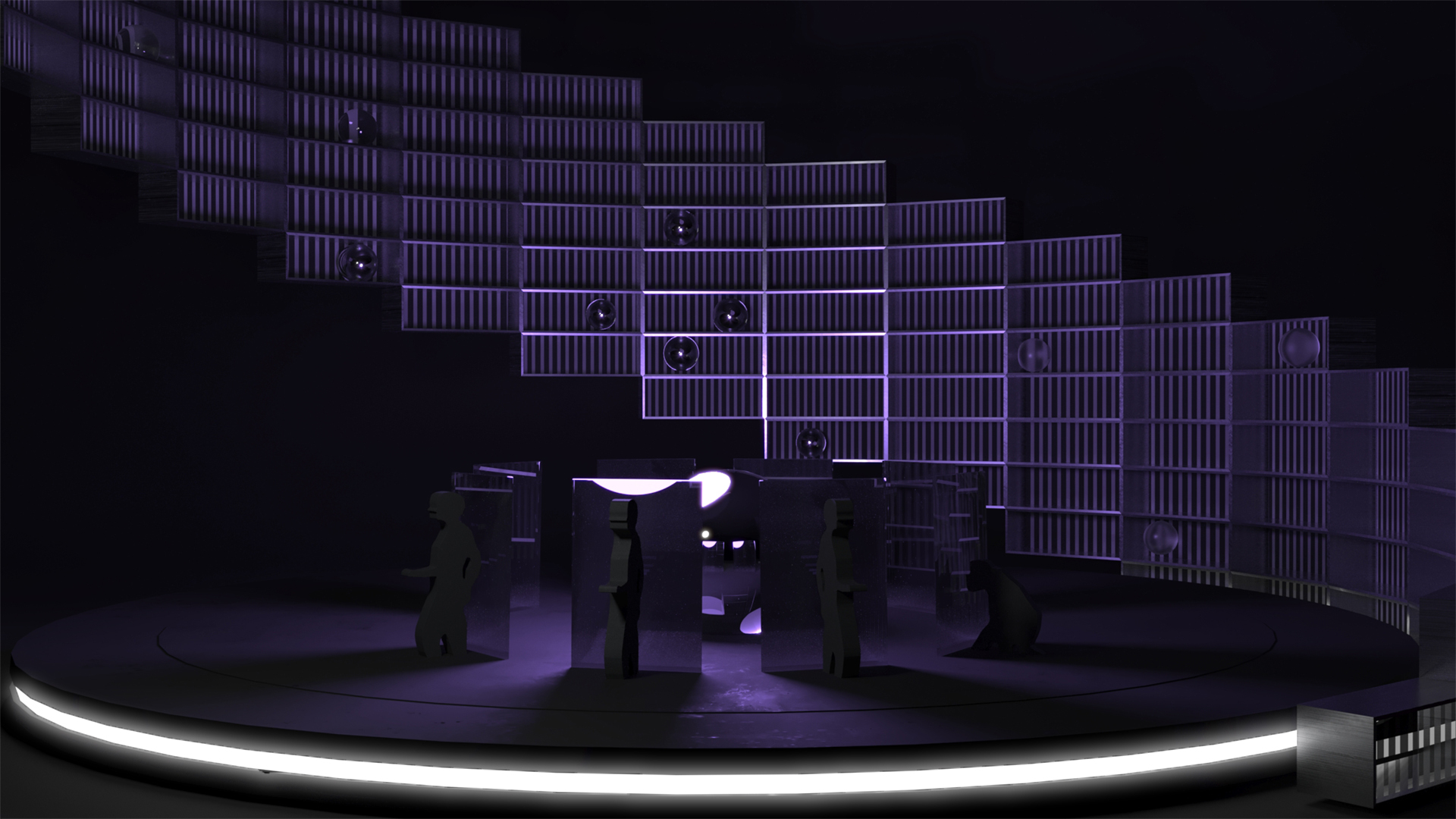 Wizualizacja przedstawiająca próbę odtworzenia scenografii do spektaklu „Constellations” będąca ćwiczeniem semestralnym. Forma umieszczona na okrągłym podeście z bocznym oświetleniem led oświetlona fioletowym światłem. Całość zaprezentowana na ciemnym tle. 
