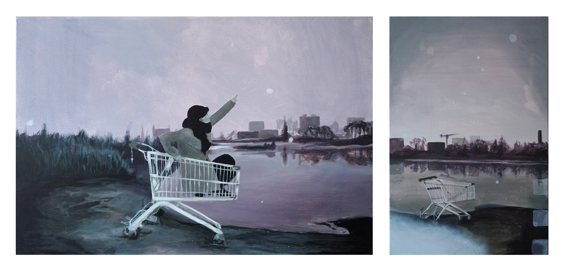 Oba obrazy utrzymane są w szaro fioletowej tonacji i przedstawiają wózek na zakupy stojący nad brzegiem rzeki. Na lewym obrazie w wózku siedzi kobieta wskazująca ręką na niebo. W obu obrazach w tle widoczna jest panorama miasta.