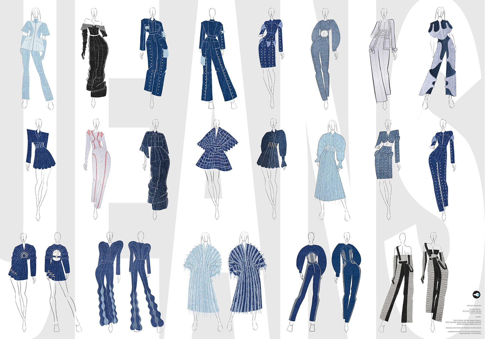 Zastaw narysowanych projektów ubiorów zestawiony w trzech rzędach. Wszystkie sylwetki dżinsowe, głównie w odcieniach niebieskiego.