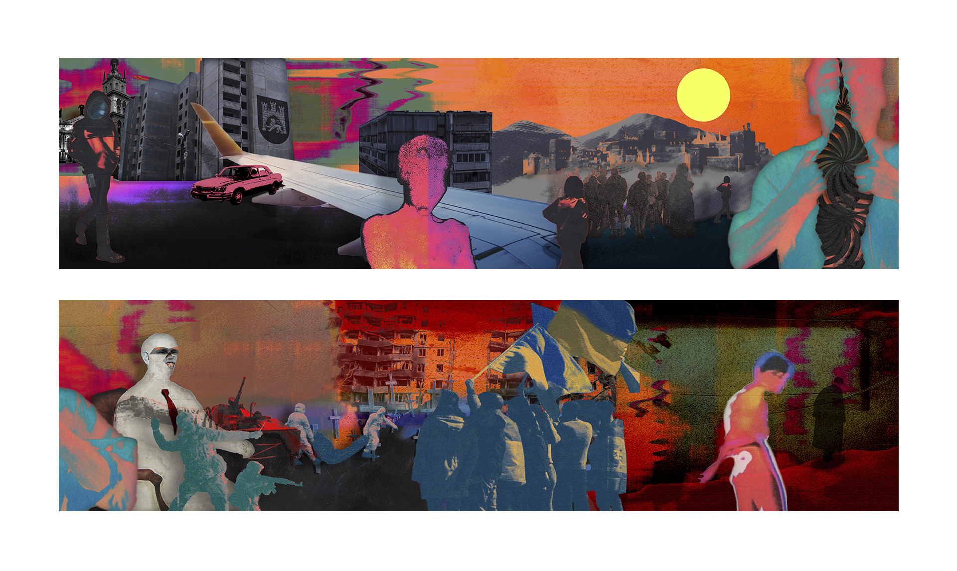 The project introduces a panoramic of the author’s journey from Ukraine to Spain. While using collage and a radiant display of colors, the author let us in the duality of a landscape from different places.