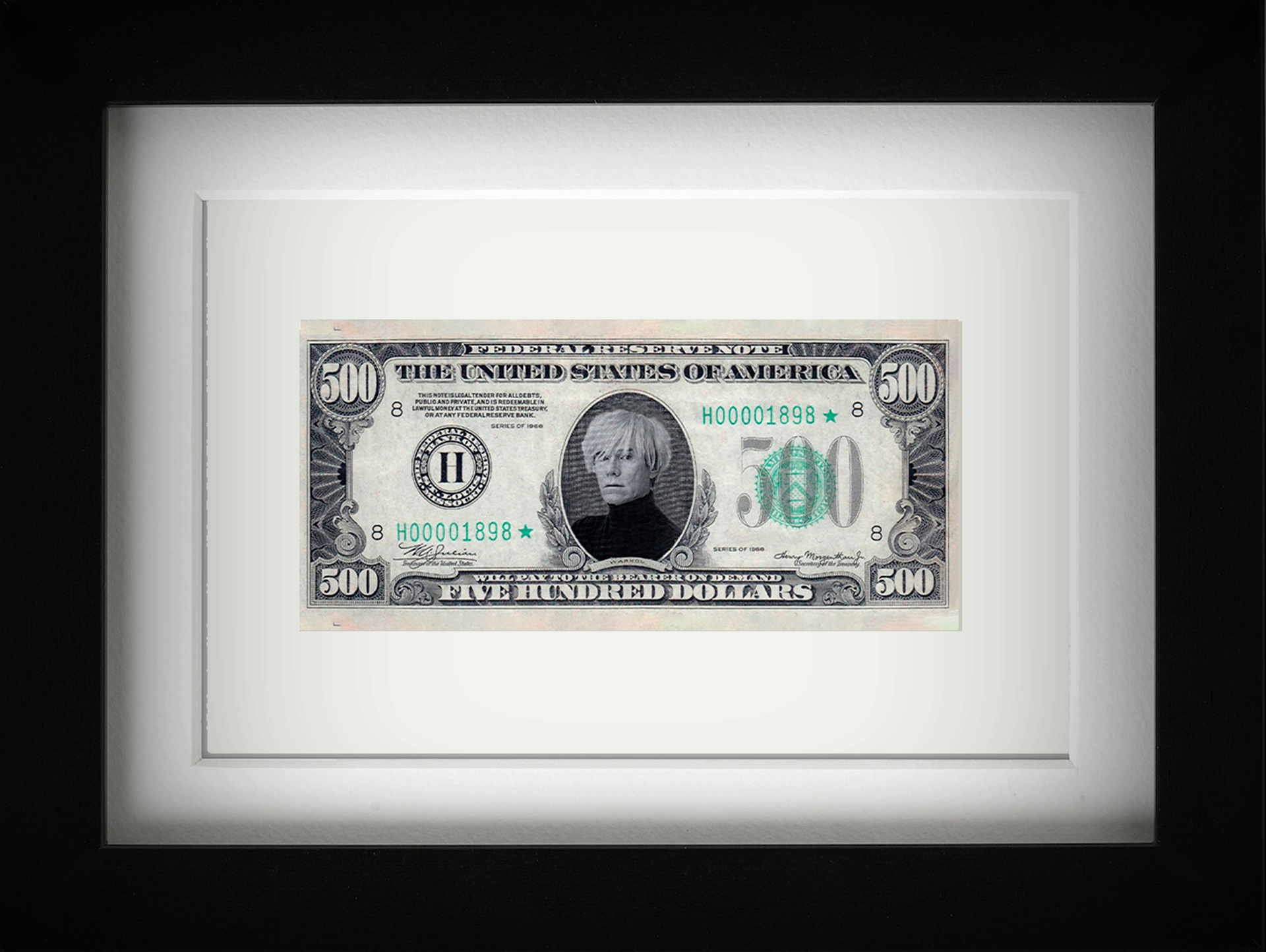 Monochromatyczna kompozycja graficzna przedstawiająca banknot z wizerunkiem Andy Warhola.  	