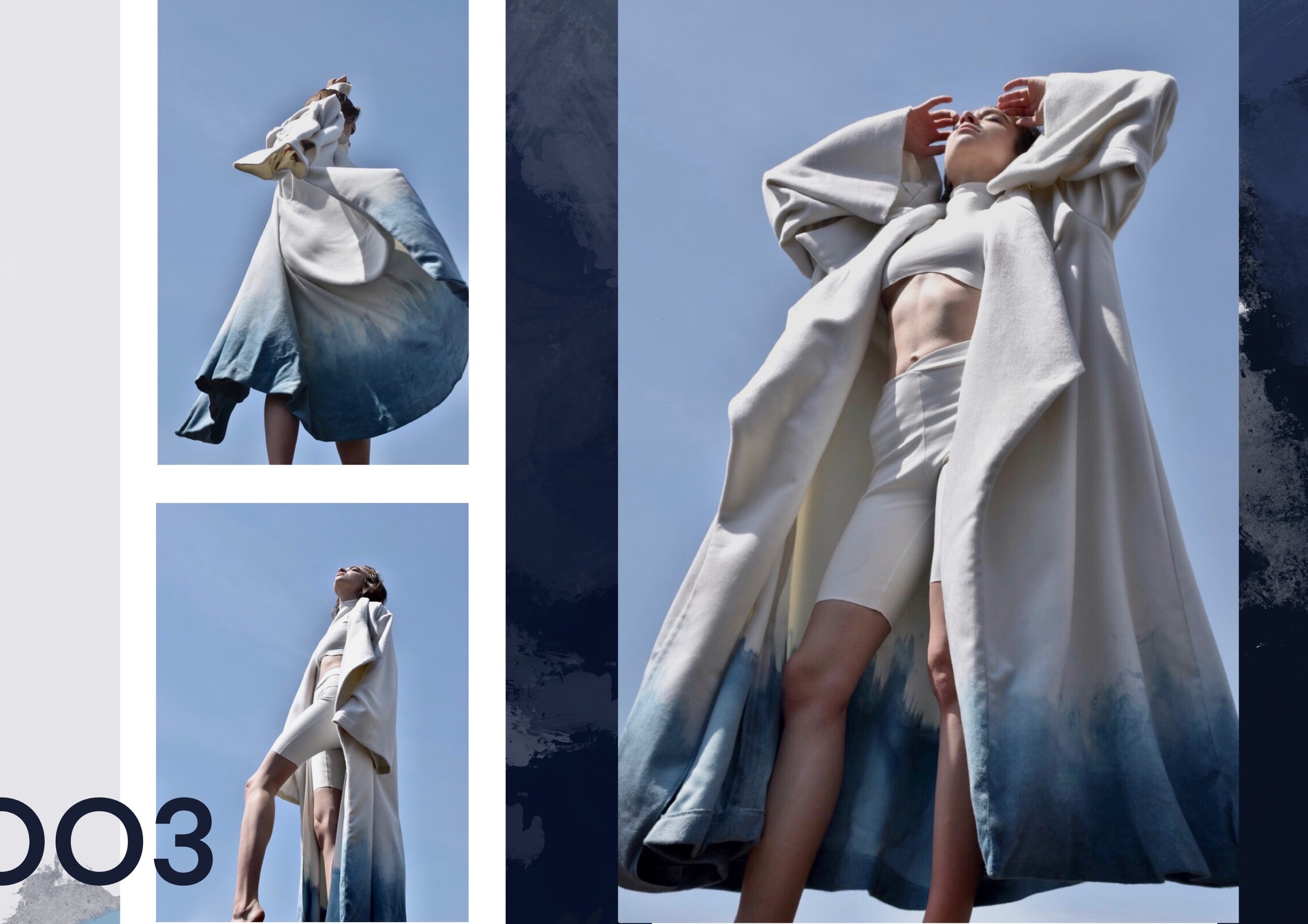 Trzy zdjęcia przedstawiające dziewczynę w biało-niebieskim płaszczu, krótkich legginsach i dopasowanym topie na tle nieb