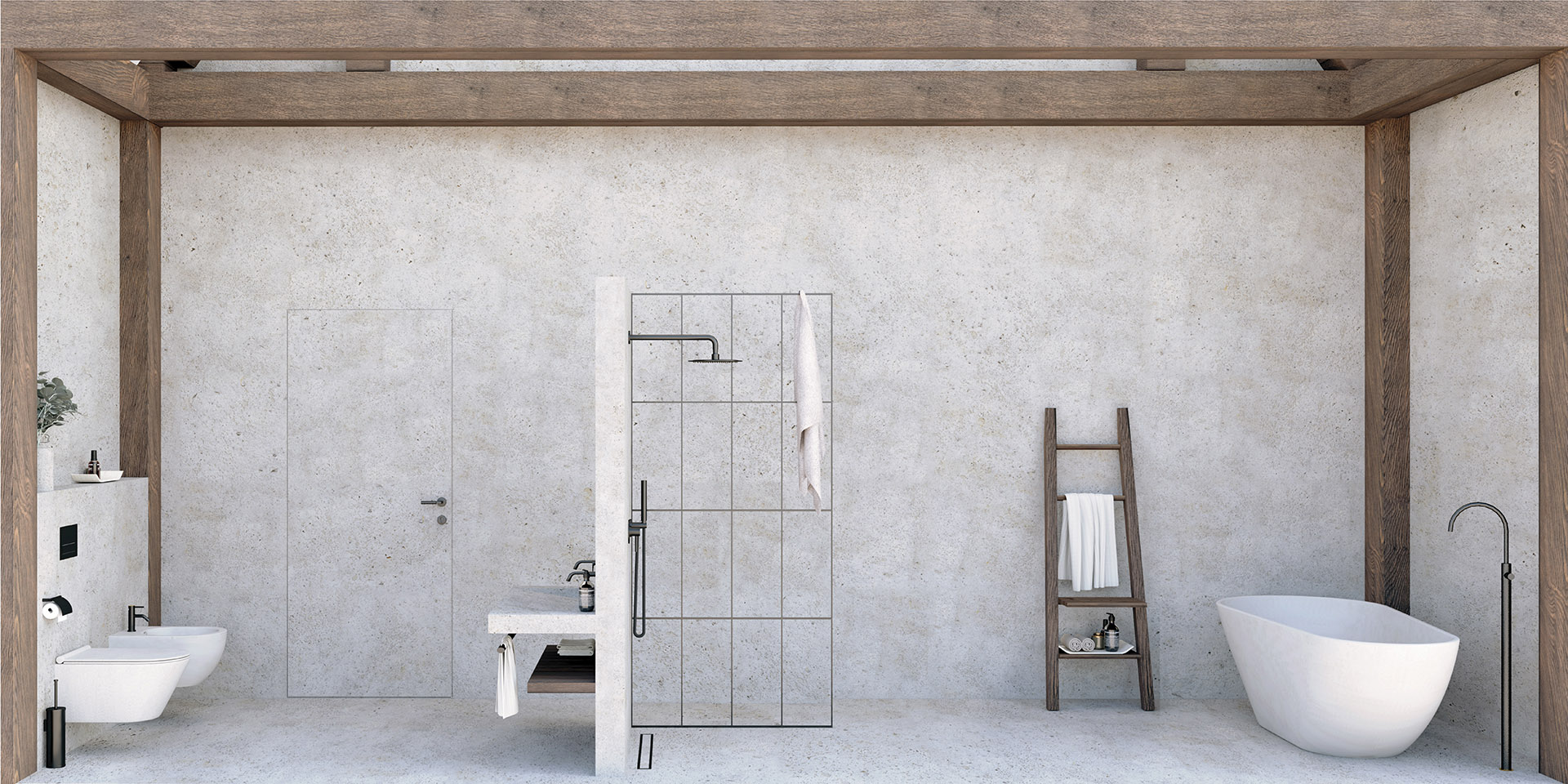  Wizualizacka wnętrza mieszkalnego - Jasne wnętrze,połączenie bieli i stolarki - widok łazienki.