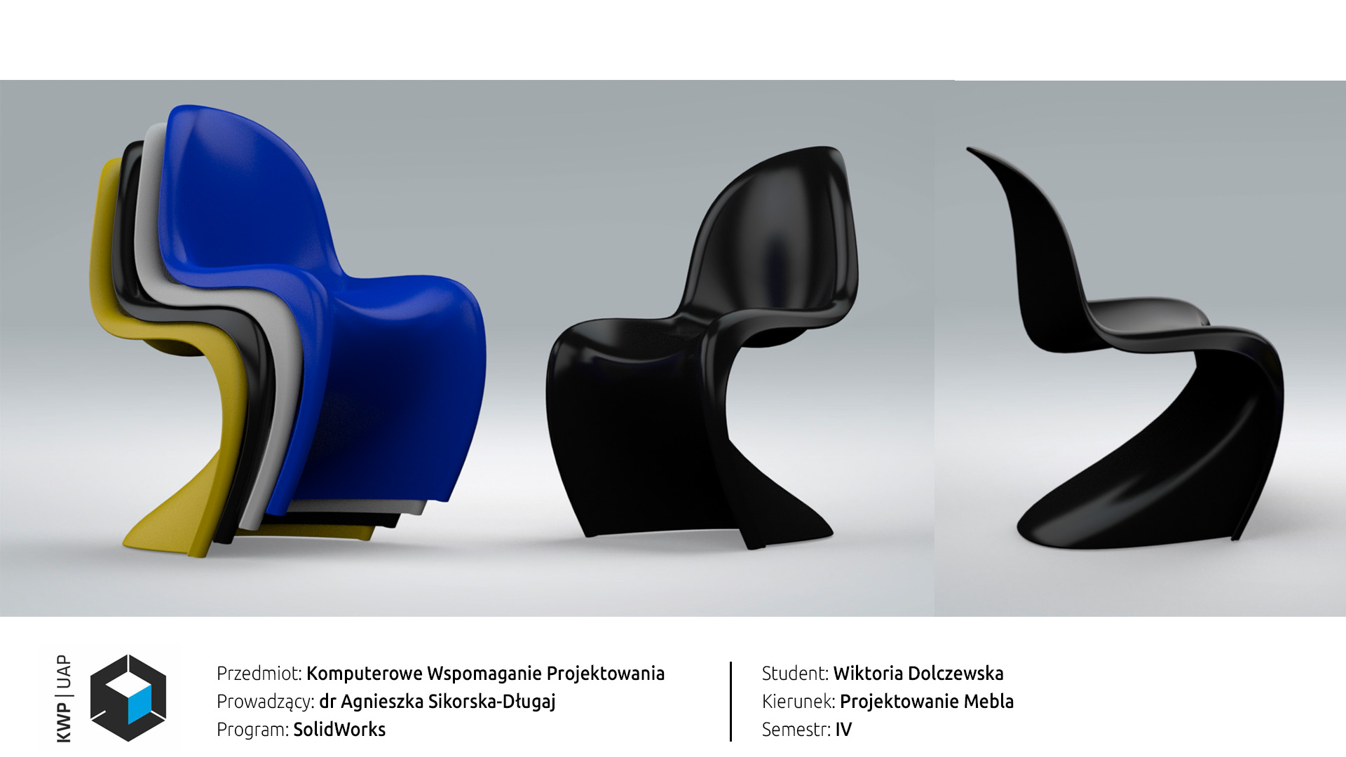 Rendery z programu SolidWorks. Model krzesła Panton w kolorze czarnym, niebieskim, żółtym i białym. Widok krzesła od frontu i z boku oraz w ustawieniu jeden na drugim. Tło biało-szary gradient.