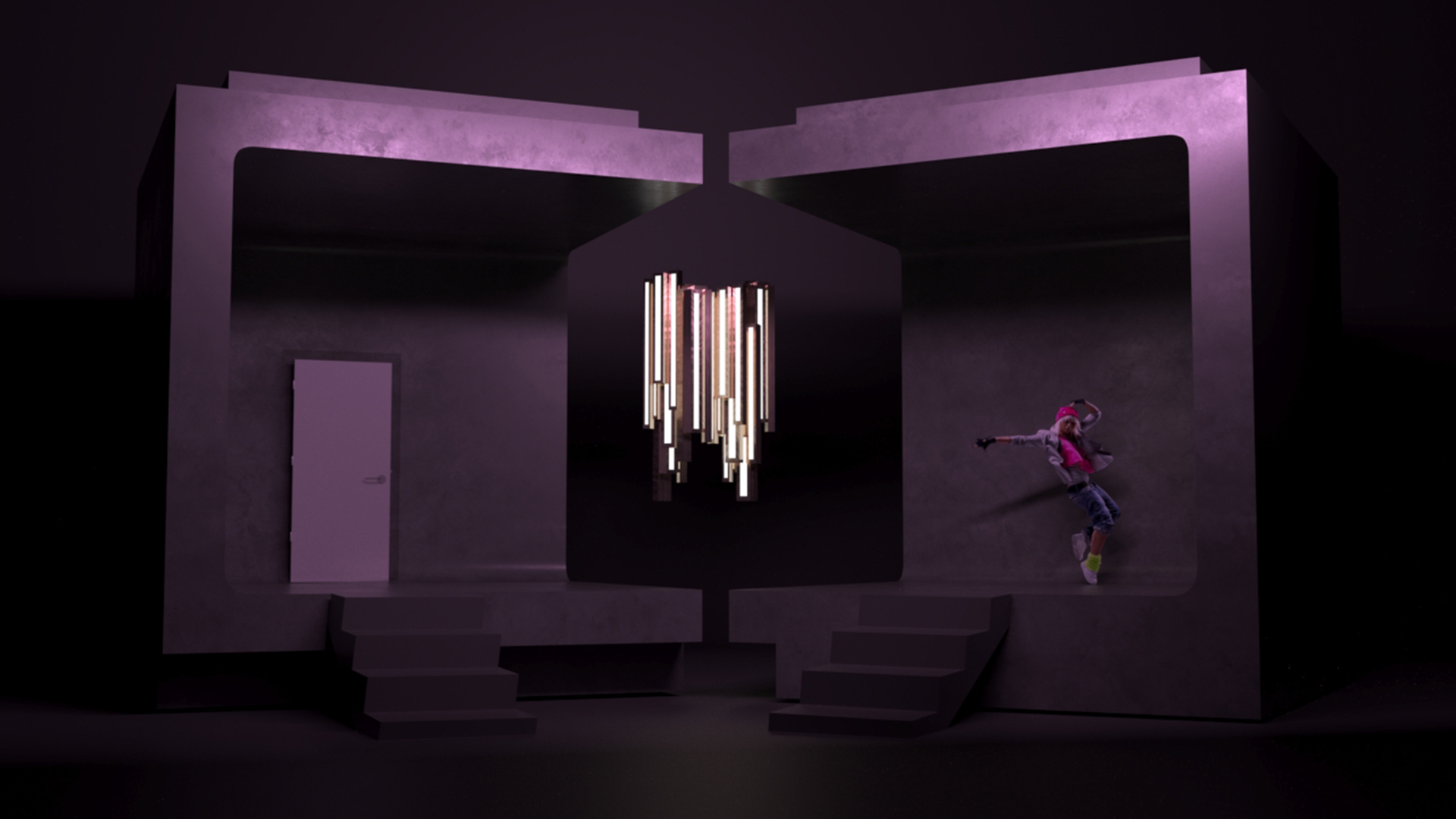 Wizualizacja przedstawiająca próbę odtworzenia scenografii do spektaklu „Aida” będąca ćwiczeniem semestralnym. Forma ustawiona centralnie i oświetlona fioletowym światłem scenicznym. Dodatkowo dla zasugerowania skali umieszczono ludzką sylwetkę. W centralnym punkcie umieszczono ozdobne oświetlenie występujące w pierwowzorze. 
