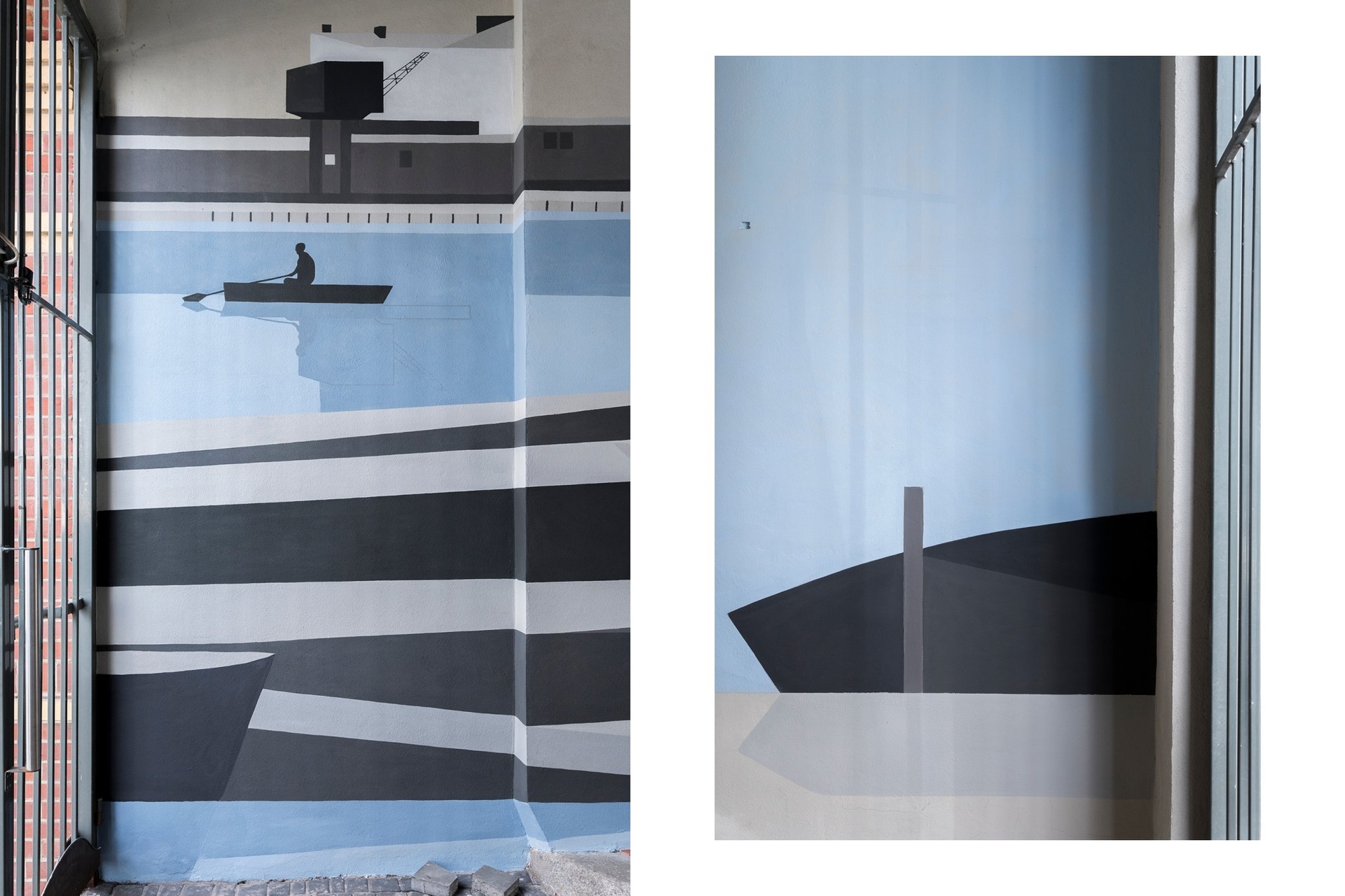 Na obu zdjęciach widać zbliżenia muralu w kamienicy przy ul. Szyperskiej 2 w Poznaniu, wykonanego według projektu Anny Marii Skotarek. Na środku zdjęcia z lewej strony widać osobę wiosłującą w łodzi na rzece. Na dole widać łodzie przycumowane do brzegu, a na górze zabudowania portowe i dźwig. Zabudowania, żuraw i wioślarz odbijają się w lustrze wody. Dominują pastelowe błękity, szarości i czernie. Zdjęcie z lewej strony przedstawia inny fragment muralu, na którym widać sylwetkę przycumowanej do brzegu łódki. Na obu zdjęciach dominują pastelowe błękity, ciepłe szarości i czernie.