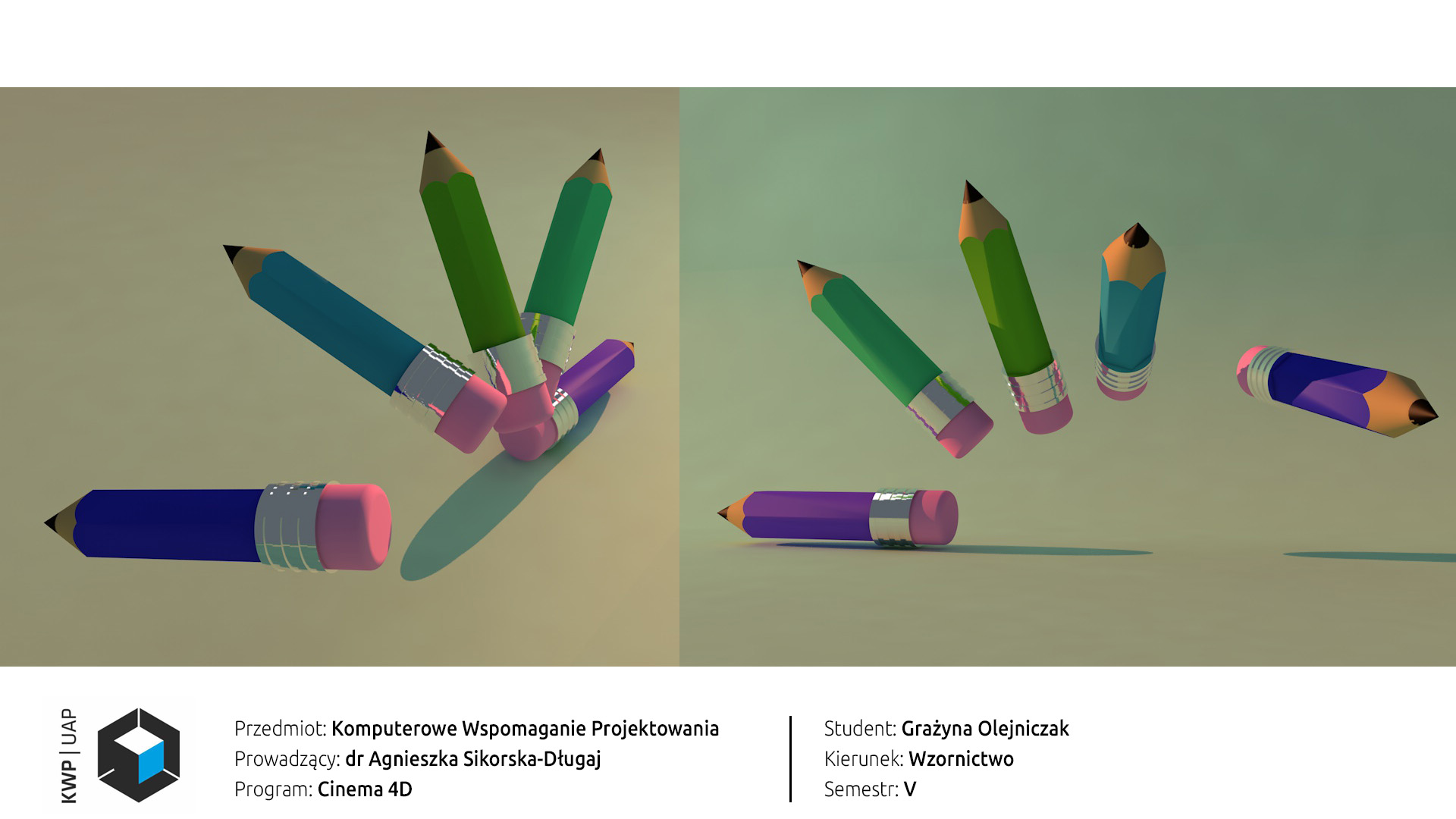 Rendery z programu Cinema 4D. Model czterech kolorowych ołówków z gumką. Swobodna kompozycja, ołówki unoszą się nad podłogą. Tło zielono-żółty gradient.
