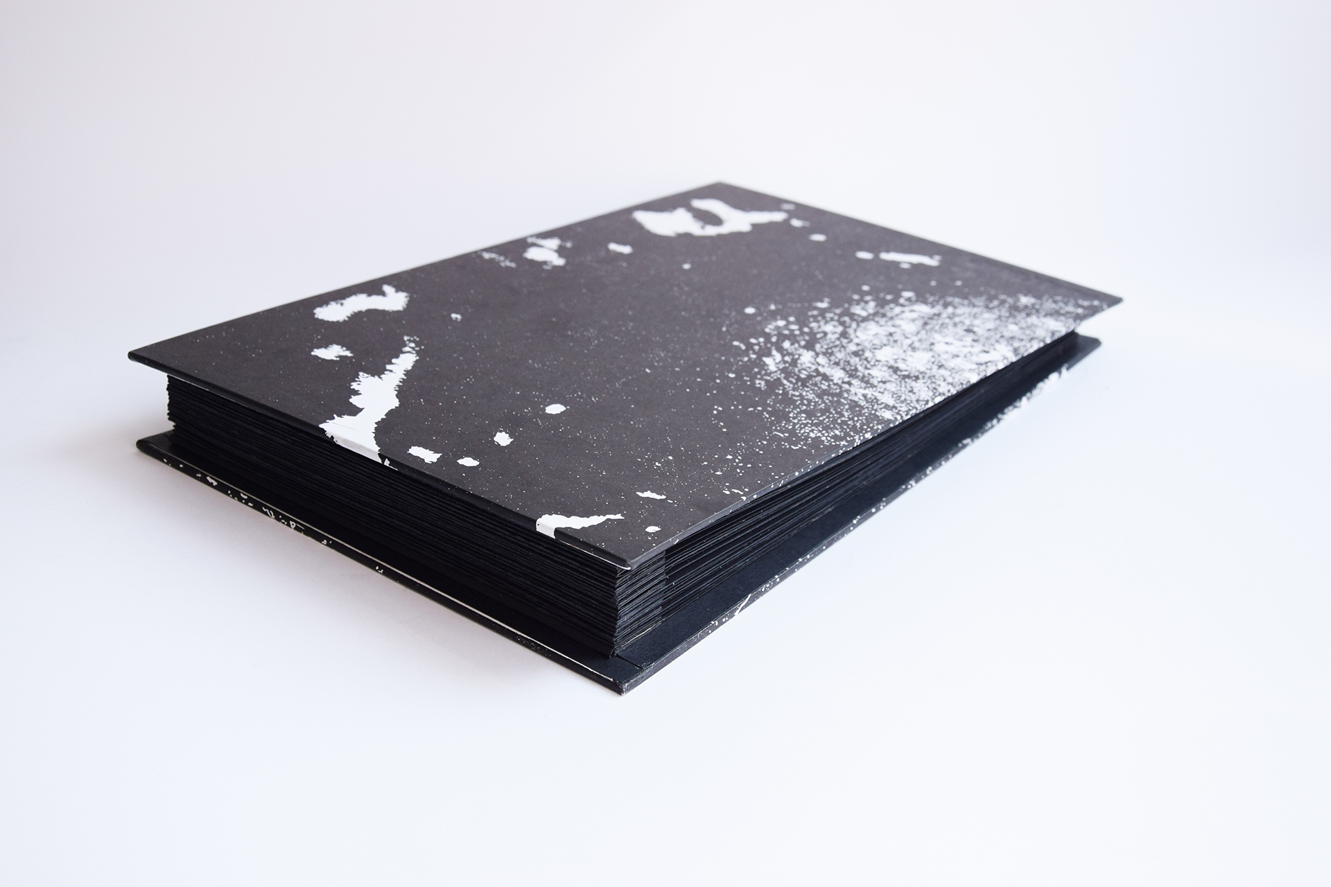 Fotografia przedstawia portfolio w formie albumu z czarną okładką w białe plamy, na neutralnym tle.